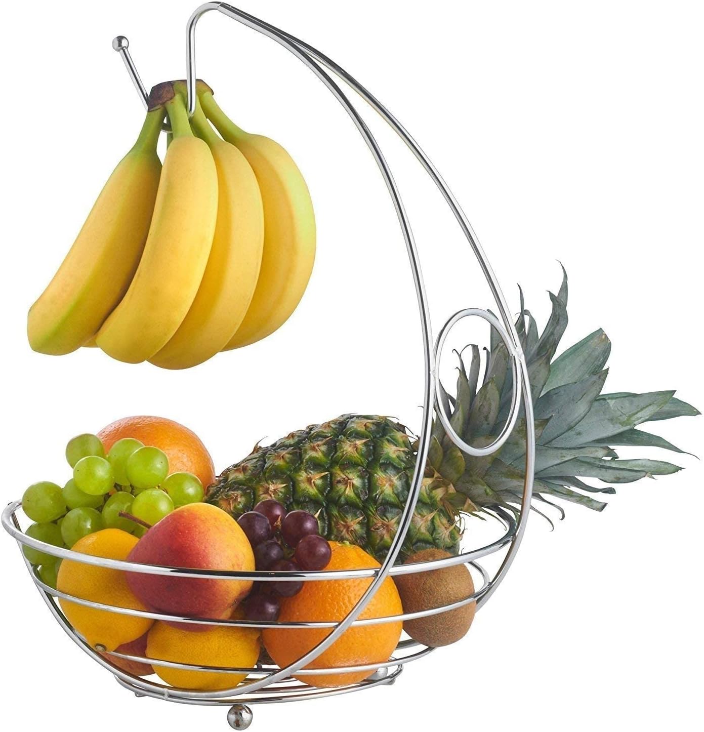 Glow Fruit Basket with Banana Holder - Stylish Premium Chrome Home Kitchen 2 in 1 Large Wide Wire Frame Display Fruit Bowl Basket with Banana Hanging Hanger Tree Hook and Round Worktop Safe Feet