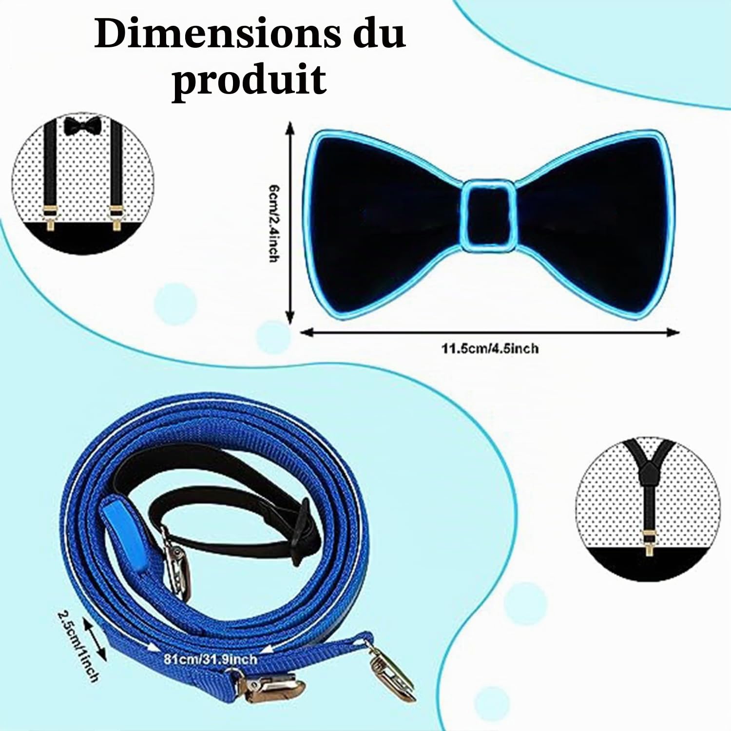 YeahBoom Bretelles et noeud papillon lumineux à LED pour hommes, bretelles lumineuses à LED, pour festival de musique, fête costumée d'Halloween,néon lumineux sombre fournitures de fête