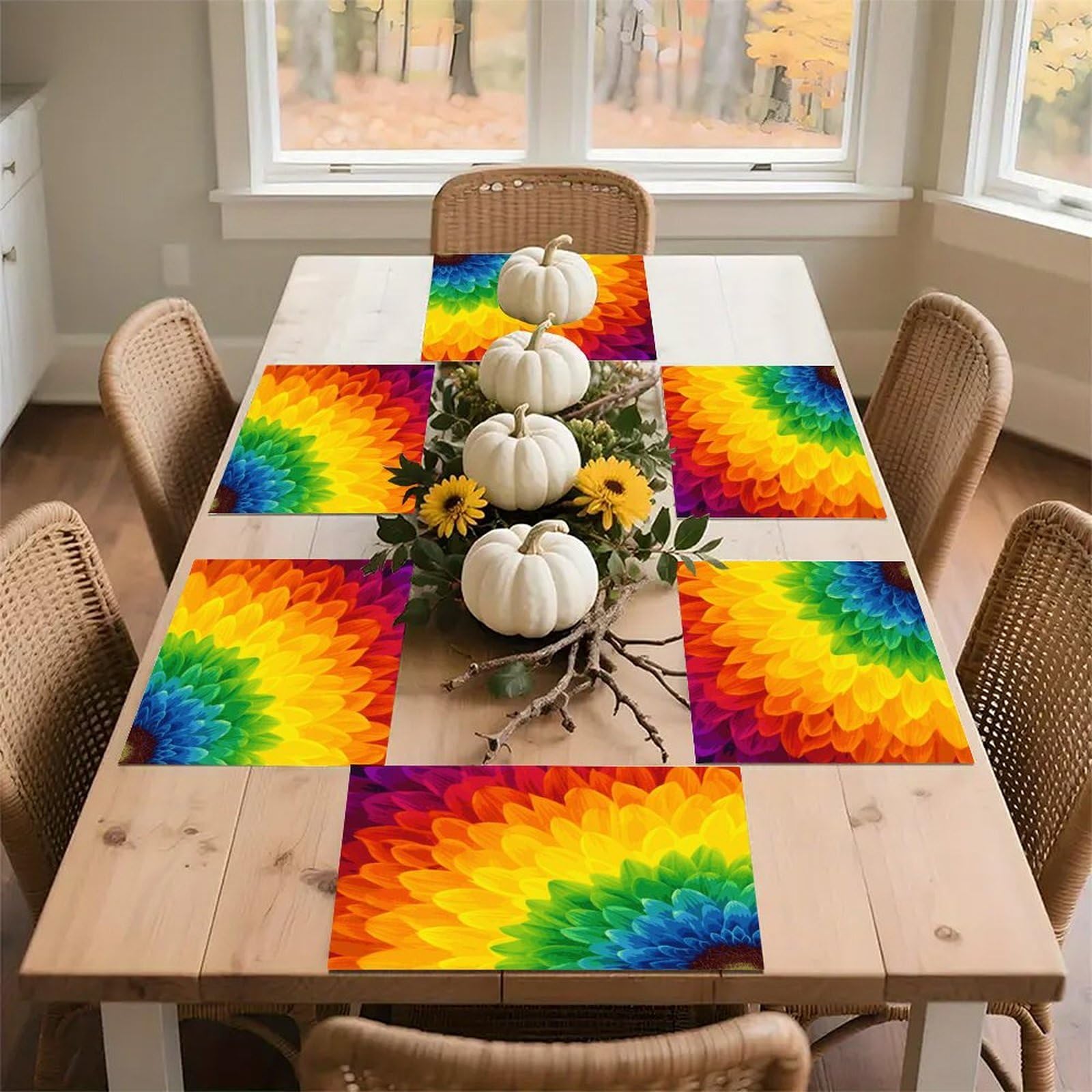 Sunflower Rainbow Placemats Heat-Resistant Washable Place Mats Anti Slip Dining Table Place Mats Wipeable Dining Table Mats Kitchen Decoration Placemats 17.7’’×11.8’’