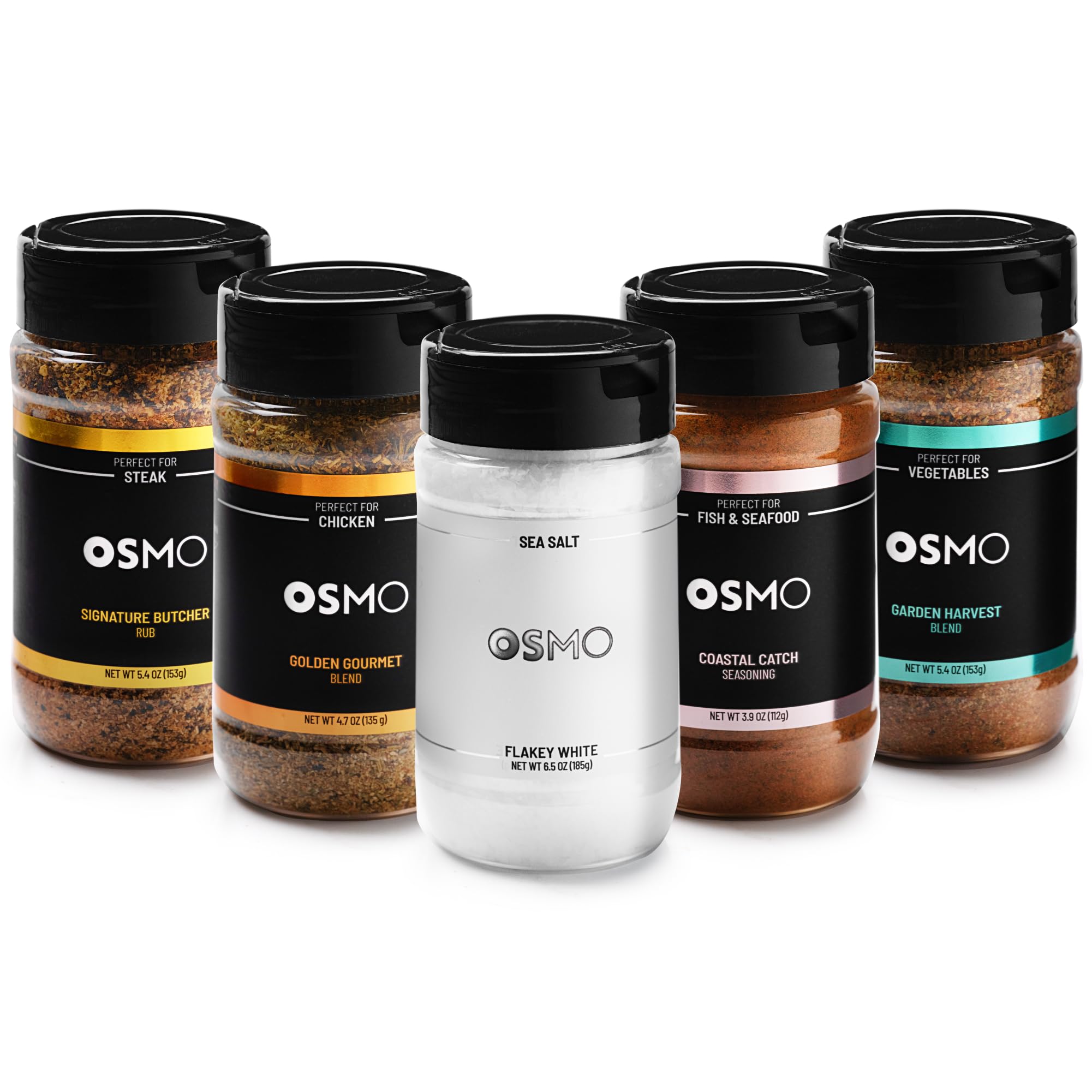 Osmo Seasonings and Sea Salt Bundle, Flakey White Sea Salt, Signature Butcher Rub, Golden Gourmet Blend, Coastal Catch Seasoning & Garden Harvest Blend (Pack of 5)