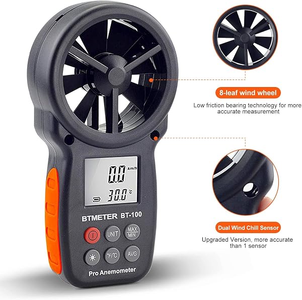 Digital Anemometer Handheld - BTMETER BT-100 Wind Speed Meter Gauge, Accurately Measure Wind Velocity Temperature Speed for CFM with MAX/MIN/AVG, Backlight LCD, HVAC - 5