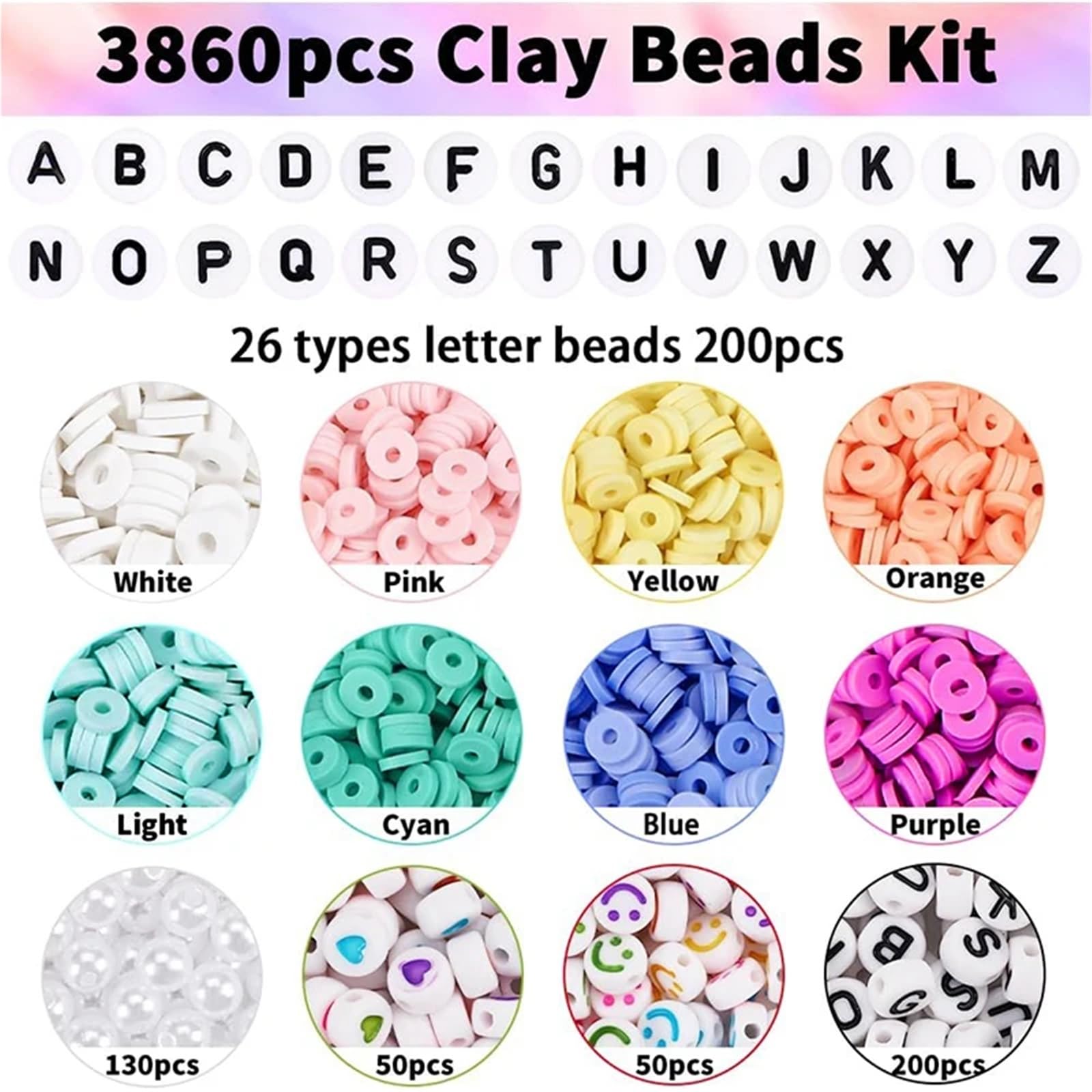 Ayztantine Juego de 3860 cuentas arcilla polimérica color macarrón, planas for hacer pulseras y collares únicos, con letras, accesorios bricolaje Juego Hacer Pulseras