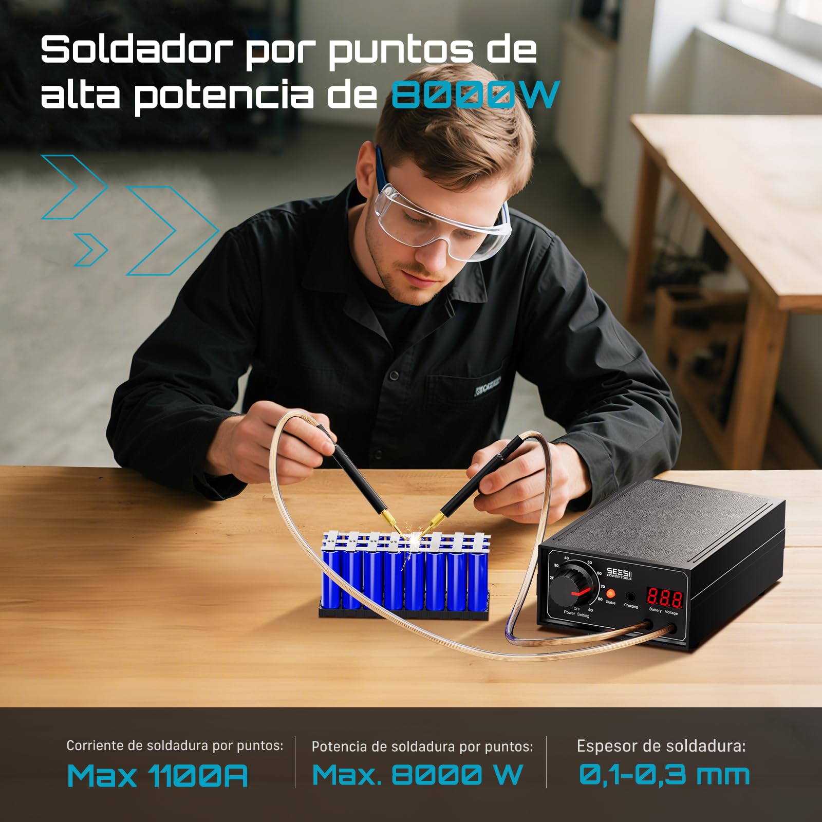 SEESII Soldador por Puntos de Doble Impulso para Baterías: Soldador Inalámbrico 9600mAh con Indicación de Voltaje en Tiempo Real, Niveles Ajustables, para Reparación y Montaje de Paquetes de Baterías