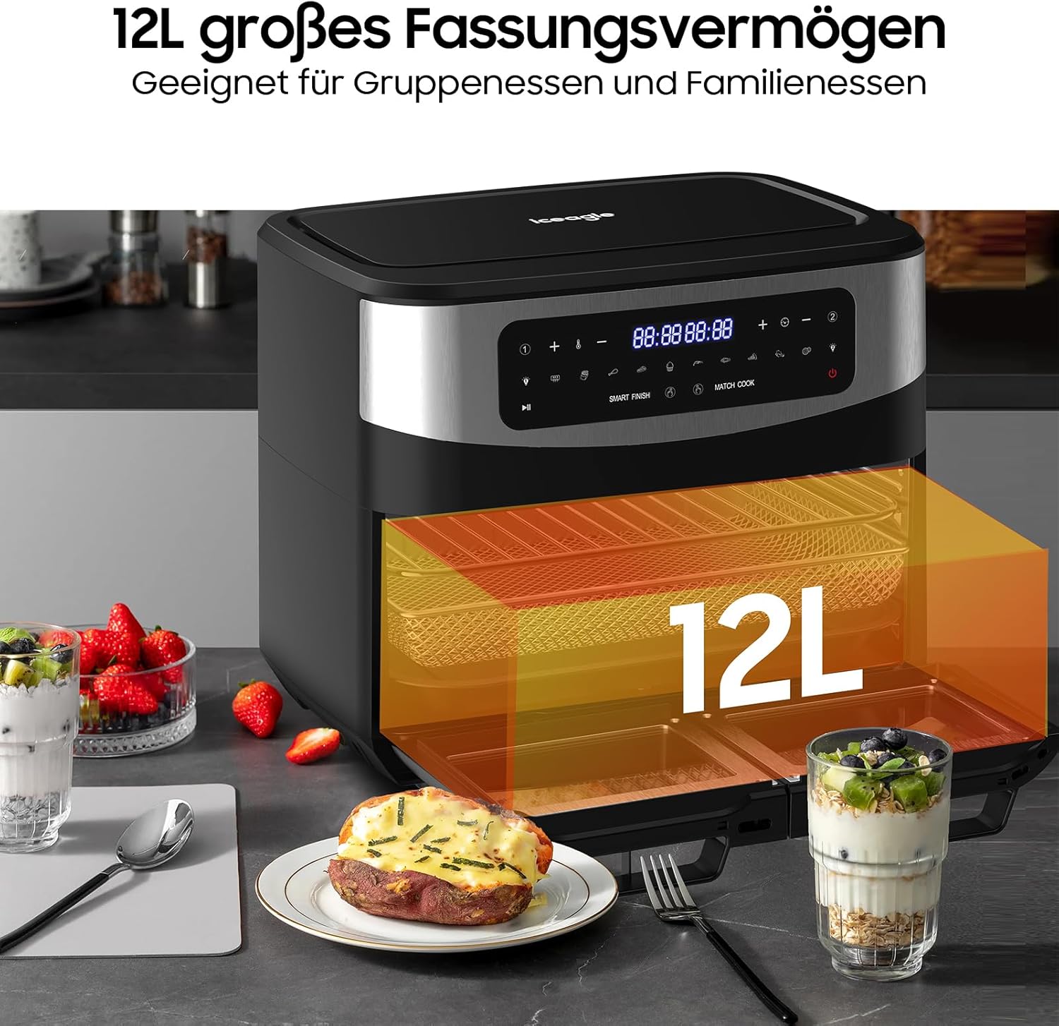 Iceagle 12L Dual Basket Air Fryer illustrating its 12-liter capacity