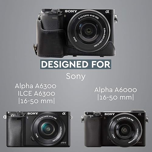 Miniatura 7 de MegaGear Sony Alpha A6300, A6000 - Funda de piel para cámara y correa para cámara, con acceso a la batería, color negro, MG984