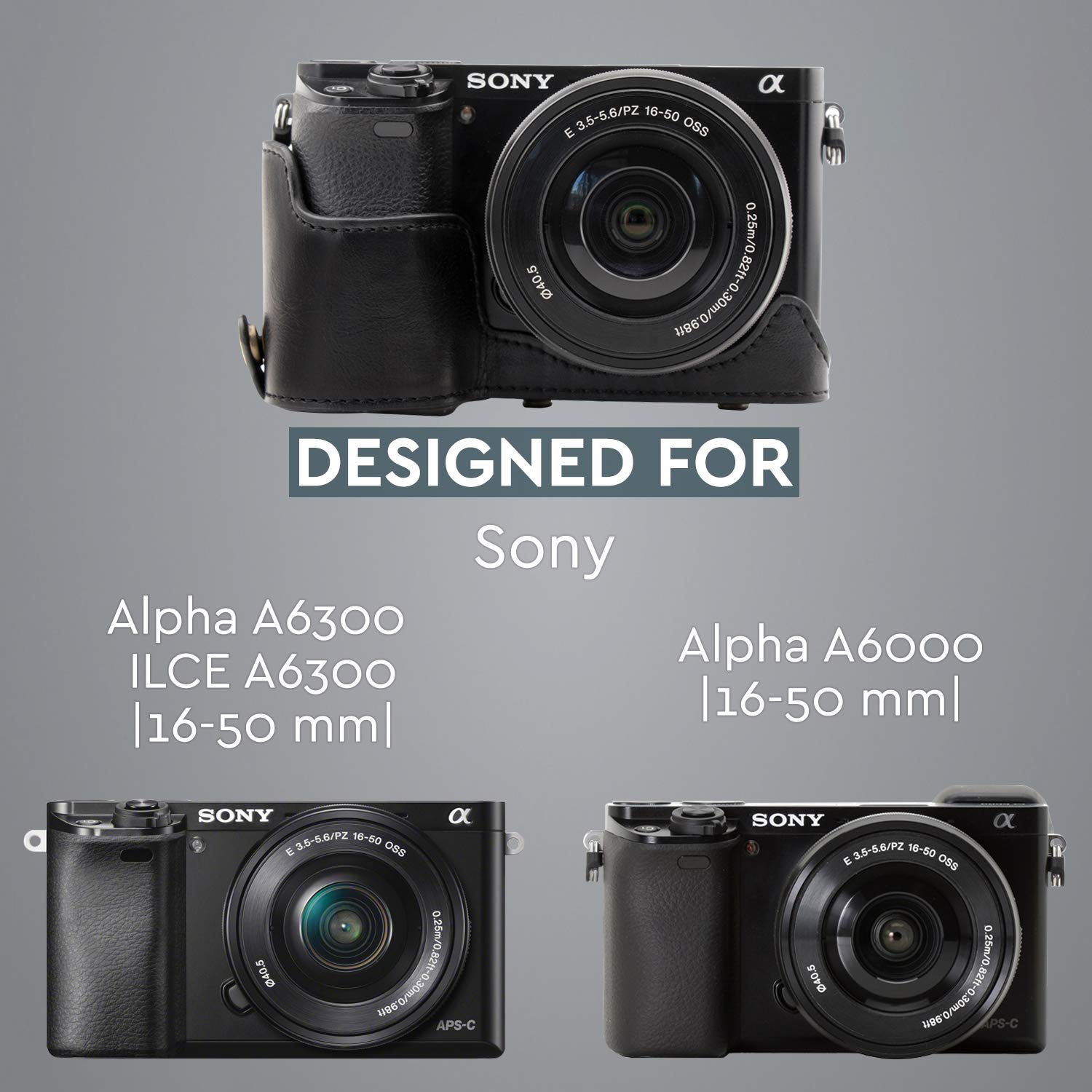 Megagear Sony Alpha A6300, A6000 (16-50 Mm) Ever Ready Custodia In Finta Pelle Per Fotocamera Con Tracolla Nero Mg984