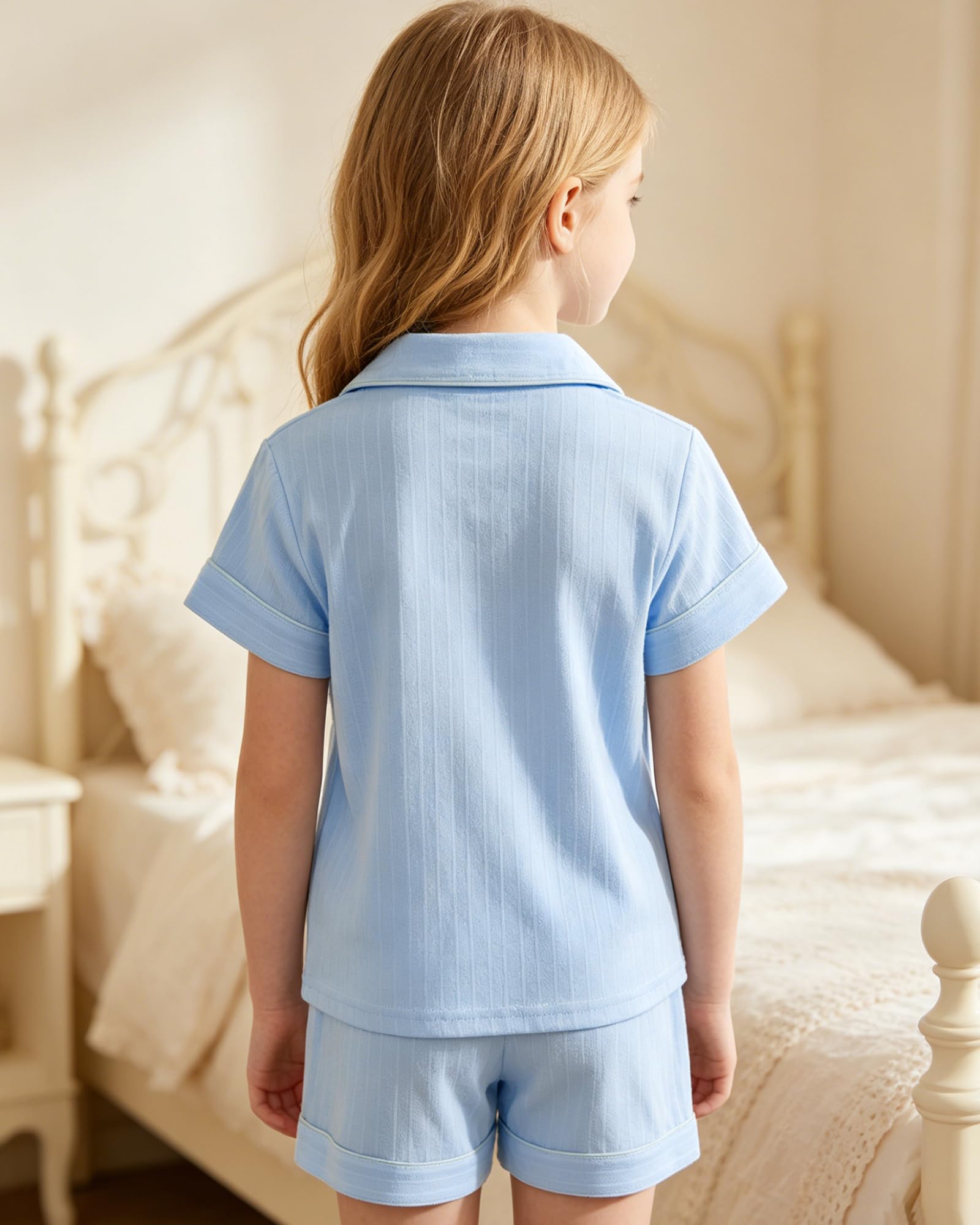 KAKU NANU Pigiama in Cotone per Bambina Maniche Corte 5-13 Anni,con Bottoni Traspirante Set da 2 Pezzi Abbigliamento da Notte Tinta Unita
