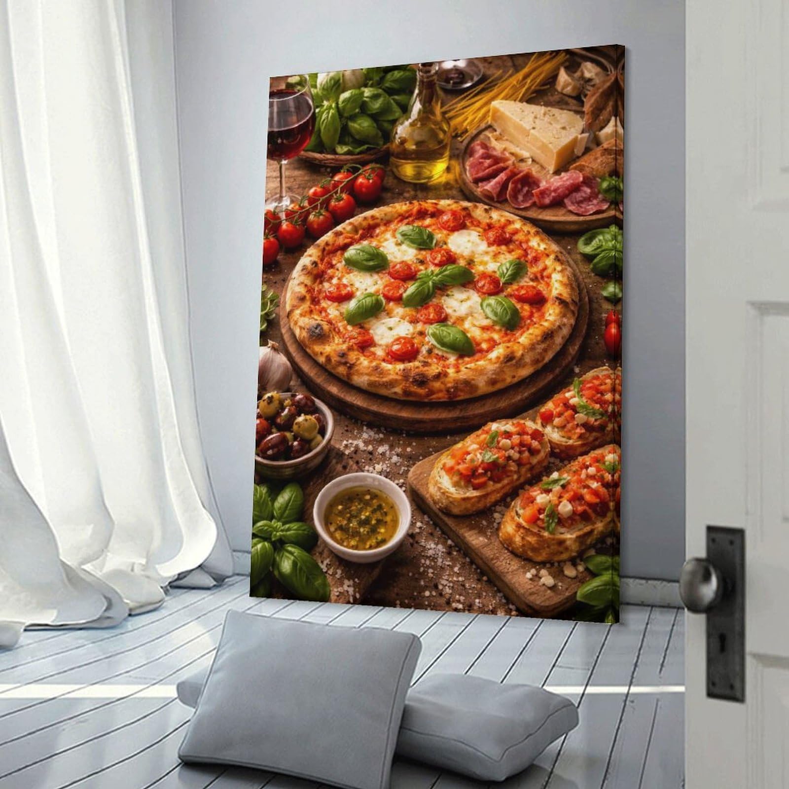 Junmoney Frame-Style-6 Decorative Wall Artwork Italian Feast With Pizza And Bruschetta, 20X30inch(50X75cm), For Contemporary Homes, Apartments Or Offices, An Easy Choice For New Home Styling