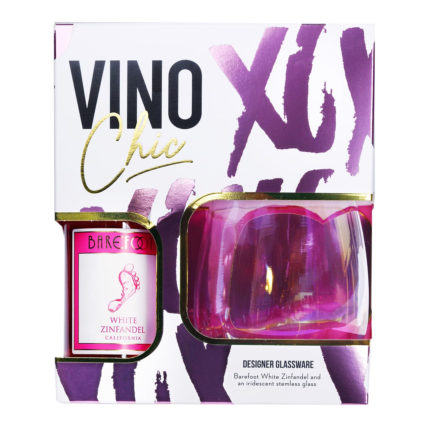 Barefoot Vino Chic Wine Gift Set – 187ml Barefoot White Zinfandel with Iridescent Stemless Glass – Perfect Christmas Birthday or Mother’s Day Gift by Blue Tree Gifts