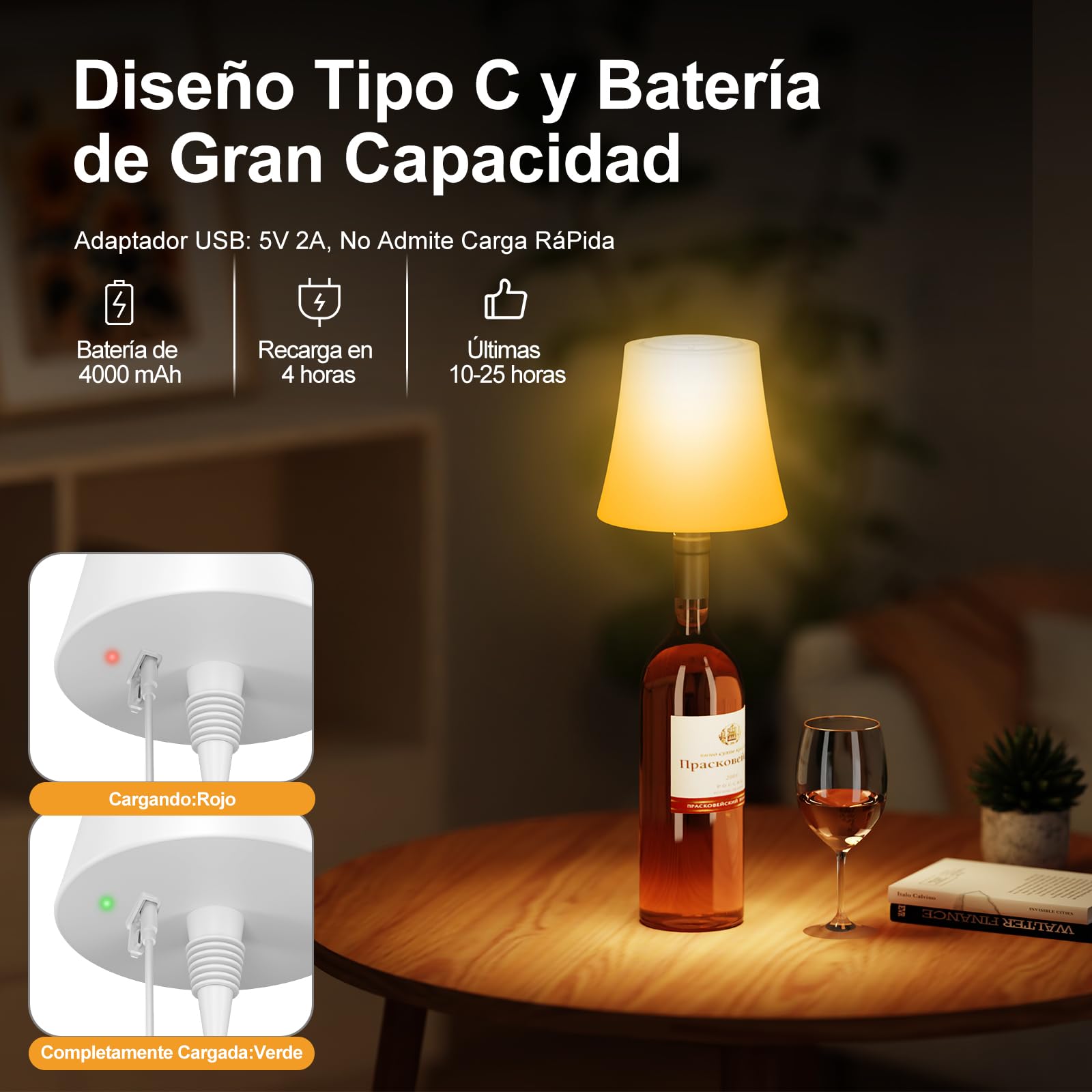 Lámpara de Mesa Inalámbrica, Lámpara de Botella Recargable, Lámpara de Noche Brillo Ajustable 3 Temperaturas Color+RGB, Botón Táctil IP54 Impermeable para Restaurante,Cafetería(Sin incluir Botellas)
