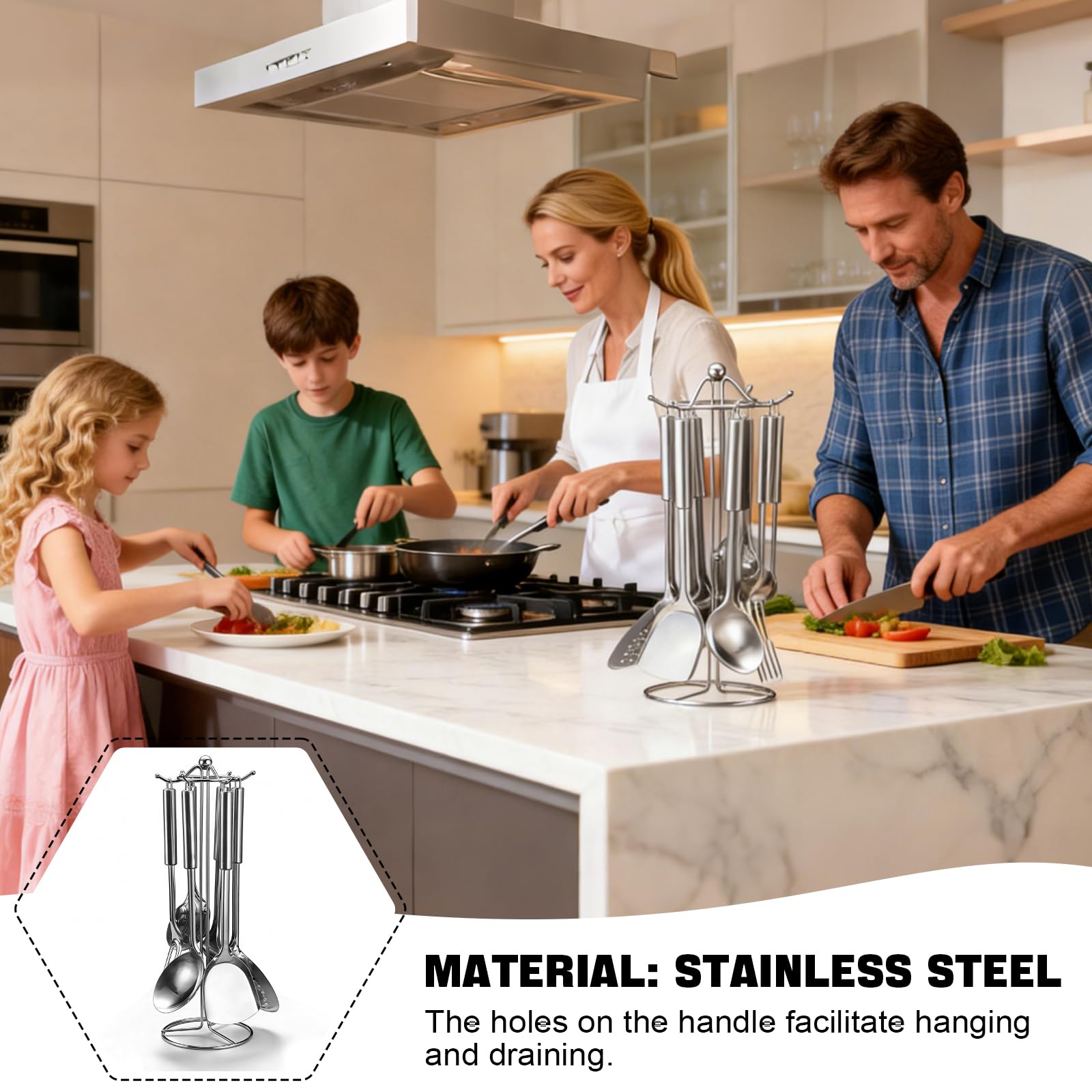Set Utensili Cucina in Acciaio Inox 7 Pezzi, Set Pentole con Supporto (Mestolo, Schiumarola, Paletta, Forchettone, Cucchiaio per Riso), Lavabile in Lavastoviglie, set pentole acciaio ino