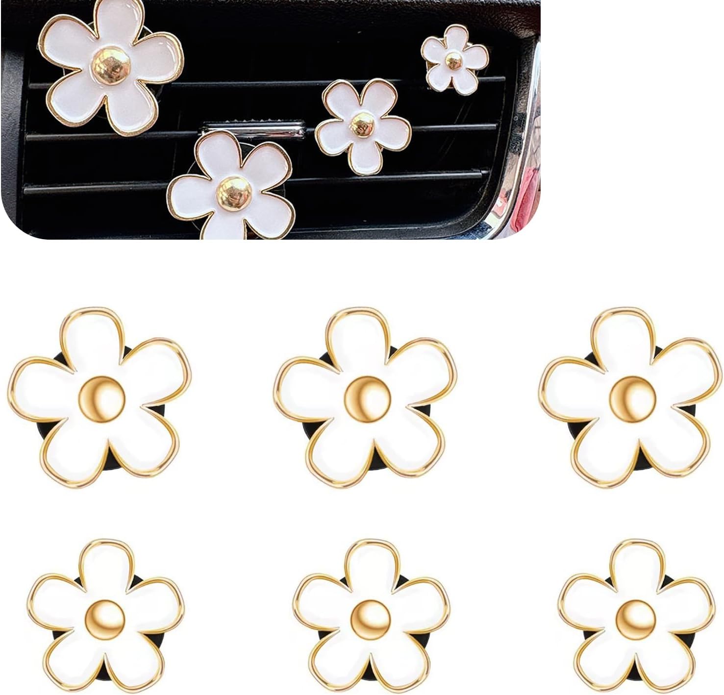 6 PCS Small Daisy Air Conditioning Vent Ornament, Creative Small Fresh Style Flower Aromatherapy, Quick Installation Air Vent Clip Auto Parts, Suitable for Most Cars (White)