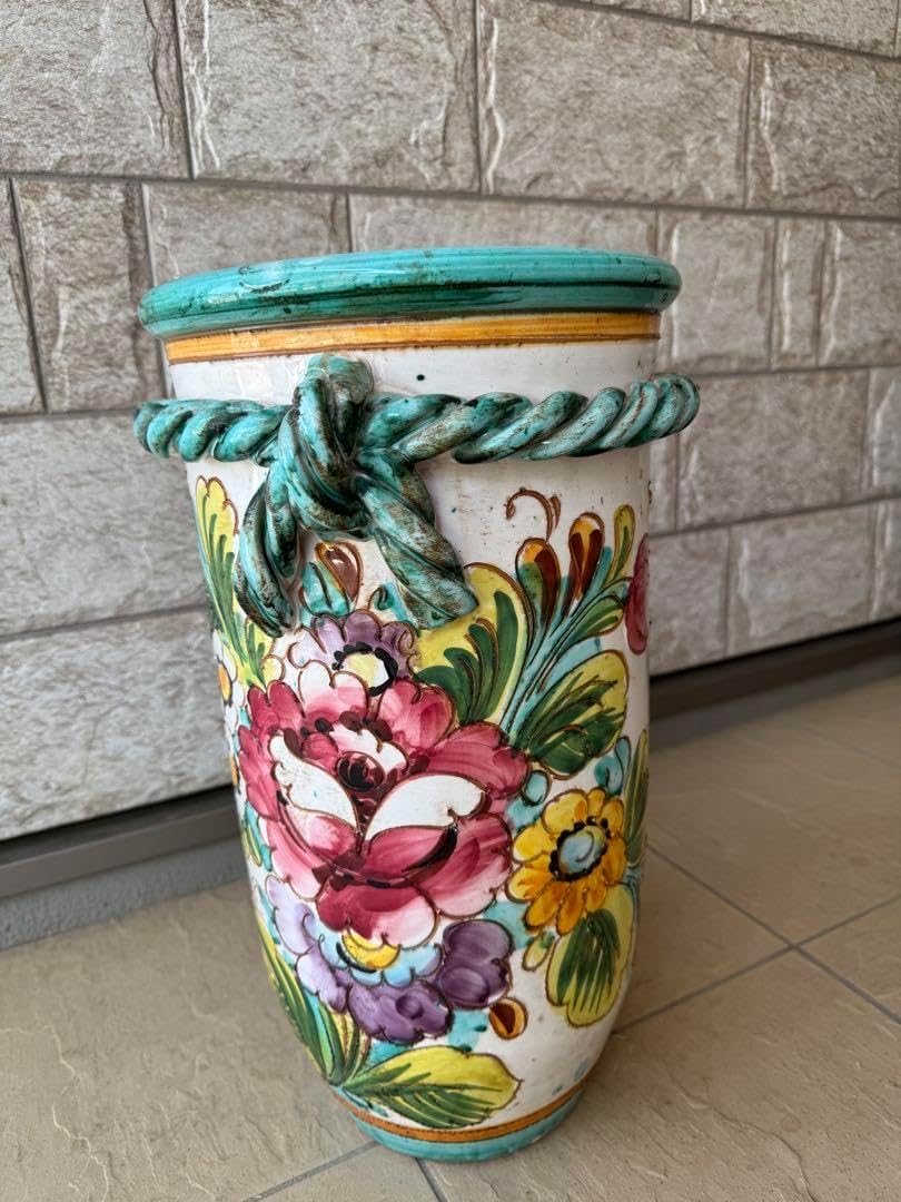 イタリア製フラワーベース 傘立てトールペインティング 手彫り風