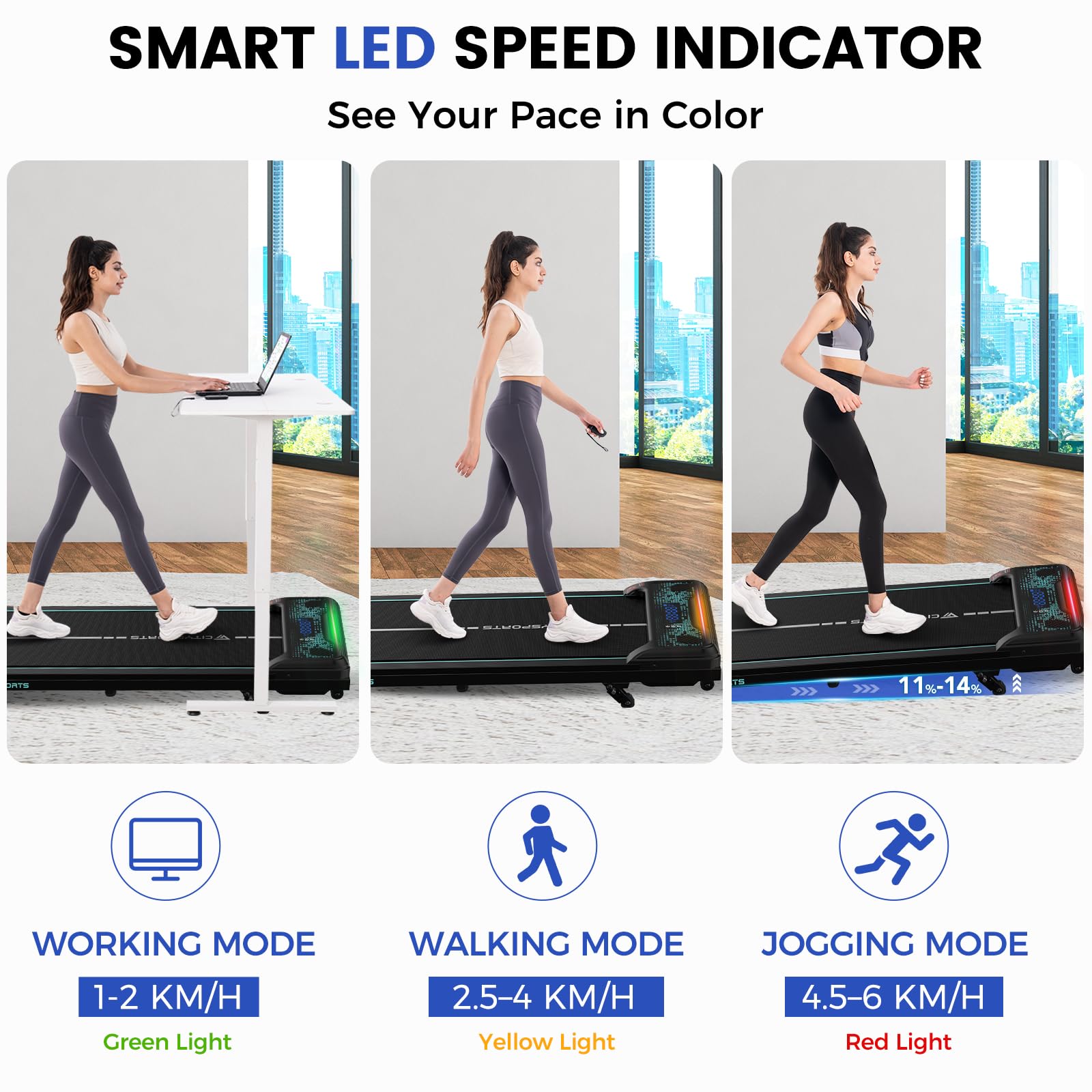 CITYSPORTS Tapis de Course Électrique Inclinable 11–14%, Tapis Roulant Silencieux 1–6 km/h, Écran LED, avec Télécommande, Tapis de Marche pour la Maison et Le Bureau