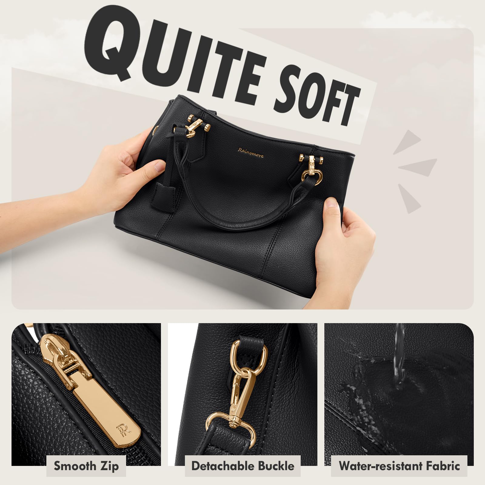 RAINSMORE Handtasche Damen Mittelgroß PU Leder Damenhandtaschen Klein Henkeltaschen Damen Umhängetasche Tasche Damen Tote Bag Schultertaschen Schwarz