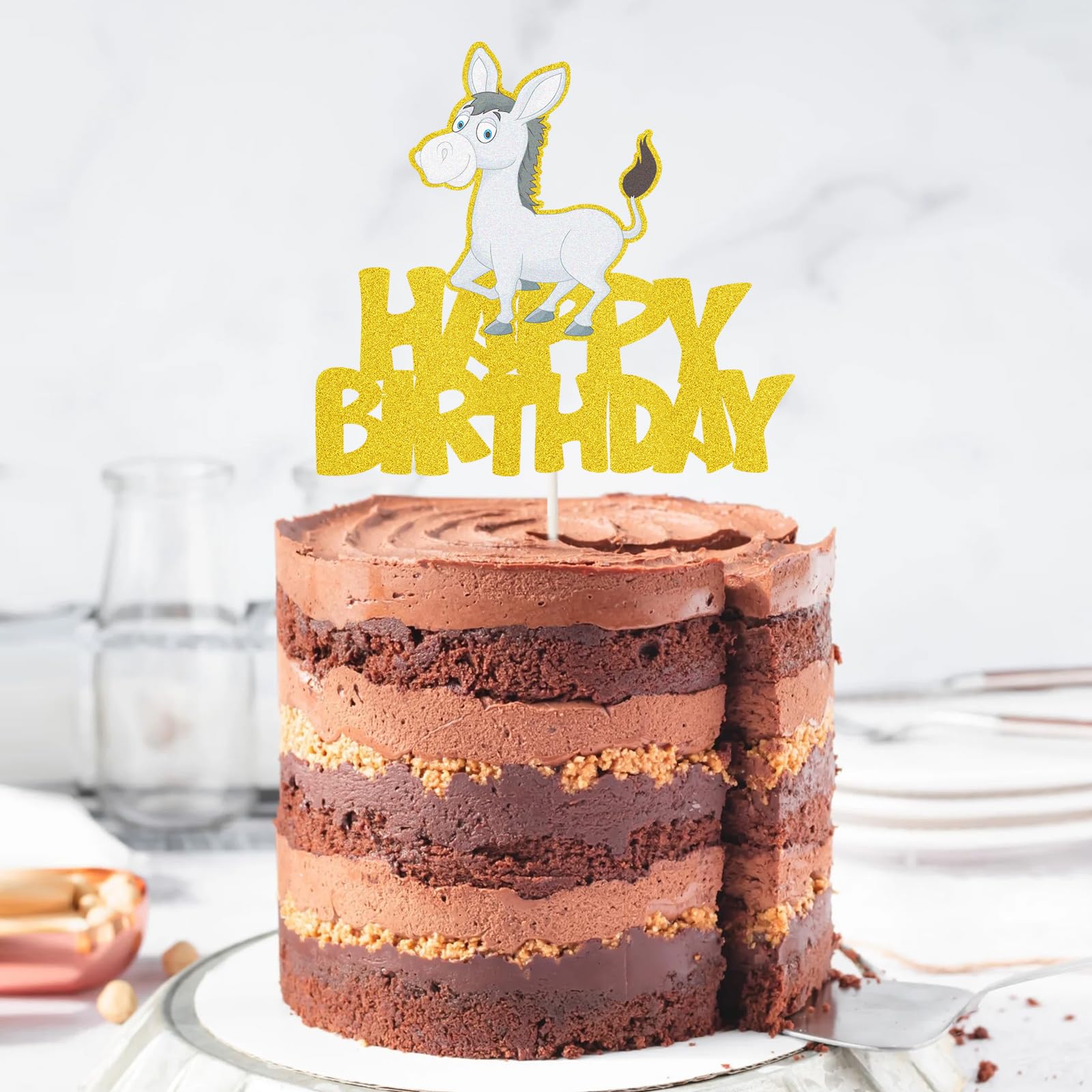 Rainbow Donkey Happy Birthday Cake Topper – Farm Animal Theme, Glitter Cardstock, Food Safe Decoration - View #4
