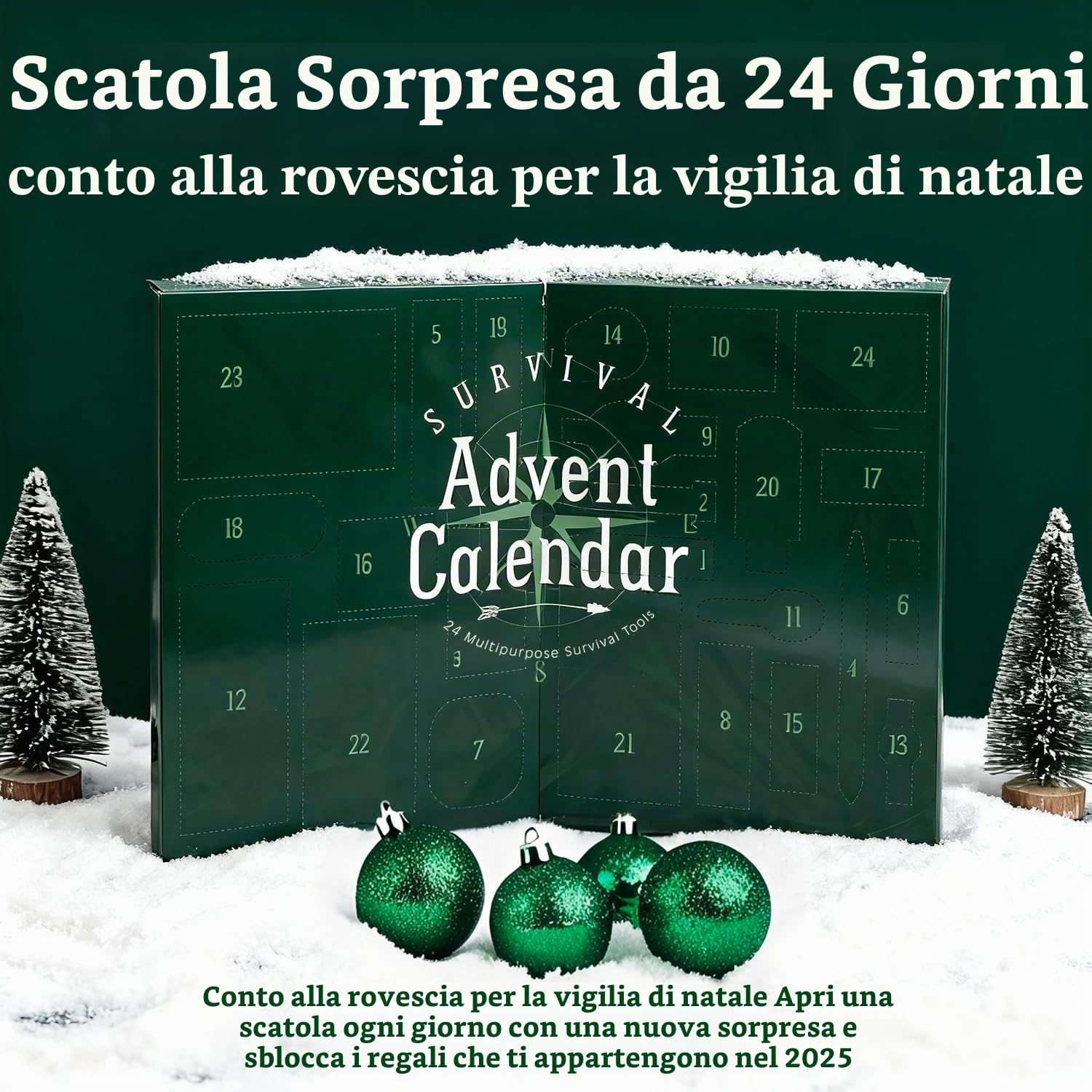 Calendario Avvento 2025 Uomo, 24pcs Kit Sopravvivenza Campeggio, Bushcraft Survival Accessori con Coperta Termica e Fischio, Regali di Natale Calendario dell Avvento per Adulti e Adolescenti