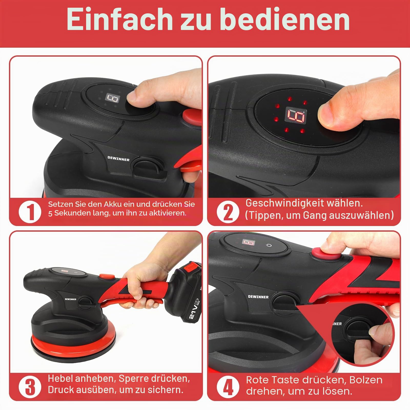 DEWINNER Fliesenvibrator, Fliesenmaschinen 6 Gänge Einstellbar, Fliesenrüttler mit akku Vakuum Saugheber für 0,3-2m Fliesen, 120kg Adsorption (Mit 2 Akkus und LCD-Display)