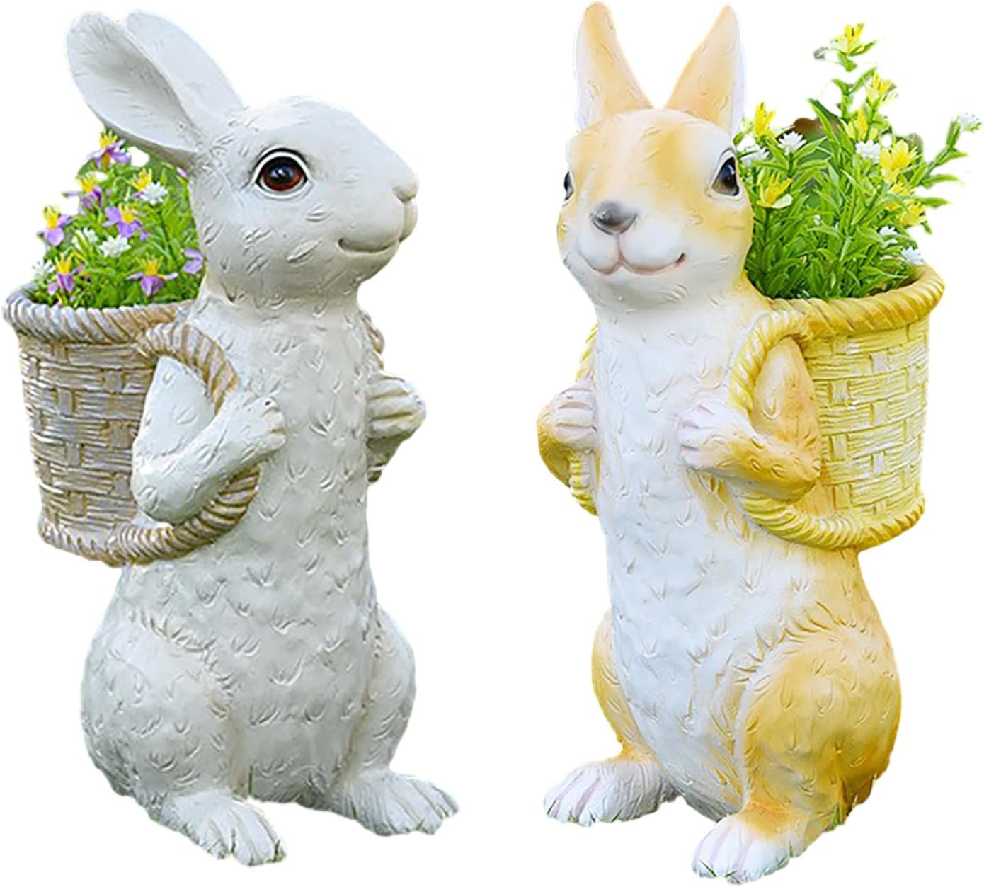 MINGZHE 13.38in Outdoor Garden Rabbit Planter Pot Container Bunny Statue Cute Animal Shape Flower Pot Courtyard Decoration Artificial Flower Vase Rabbit Statue Planter(White)