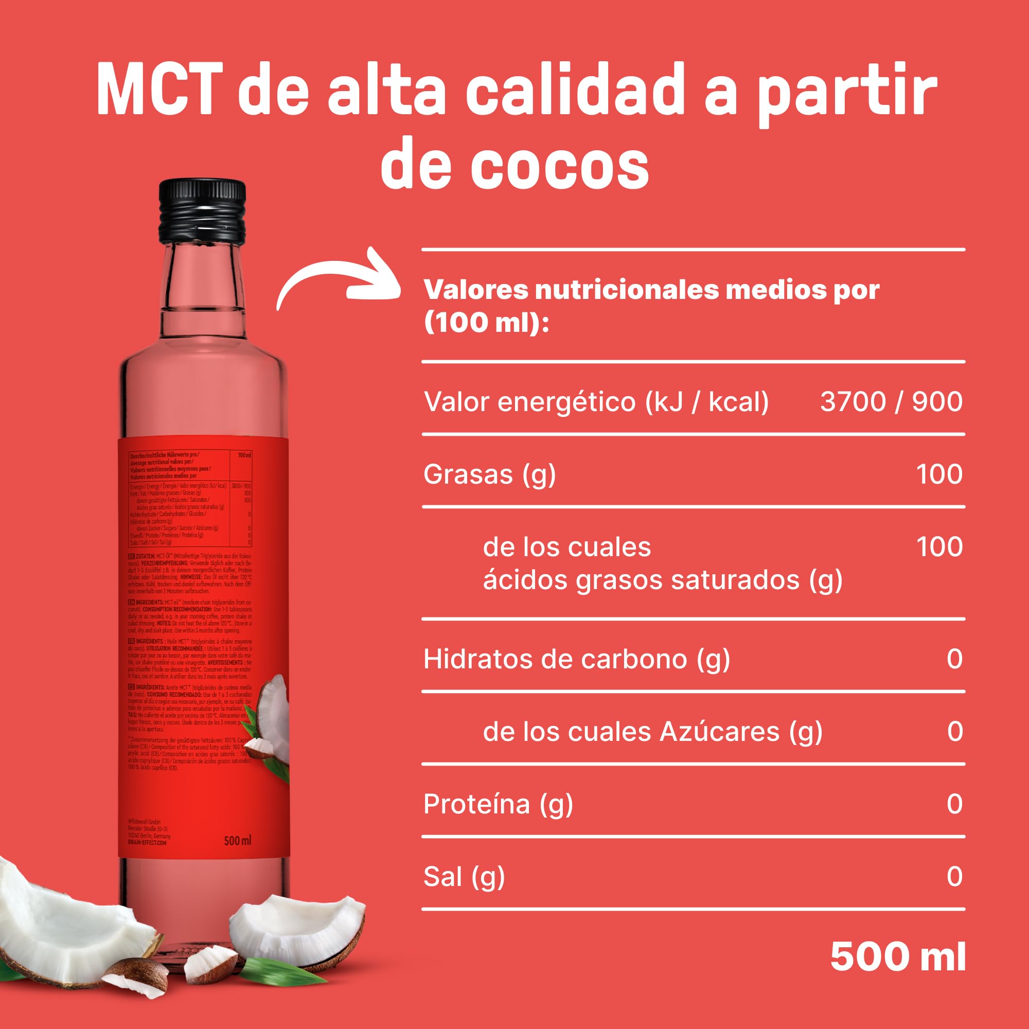 BRAINEFFECT Aceite MCT 100% C8 - Calidad alemana - Aceite C8 puro (sin C10) extracto de coco de primera calidad - 1000 ml - Botella metálica protectora