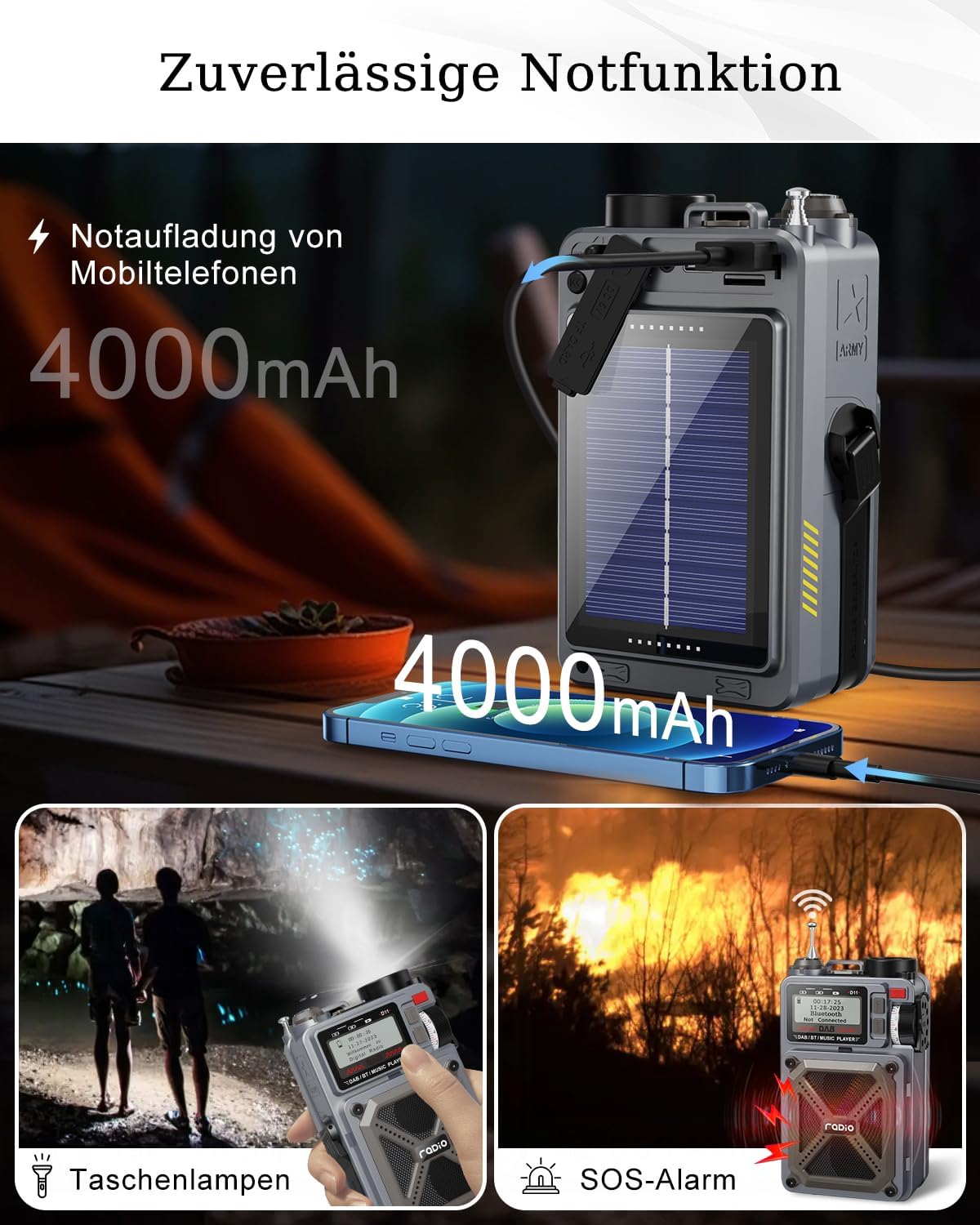 Rychi D11 Portable DAB+ Radio demonstrating emergency functions including phone charging, flashlight, and SOS alarm