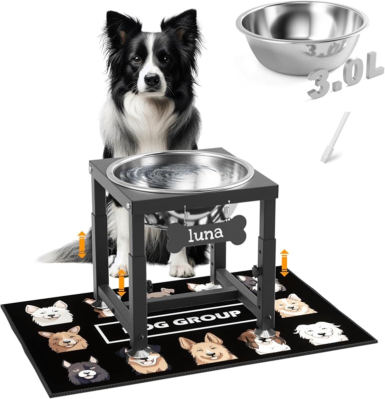 Comedouro Elevado para Cães ADENGL com Tigela de Aço Inoxidável e Altura Ajustável, 0,8 galão, DOF003-A