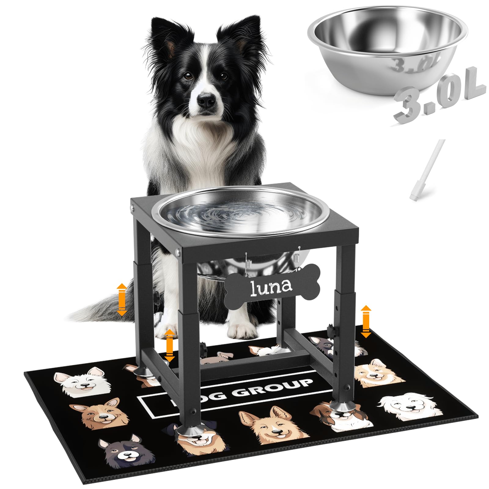 ADENGL 0.8 Gallon Elevated Dog Water Bowl for Medium Dog, 4-Height Adjustable (8–12.2'') Raised Stainless Steel Bowl with Spill-Proof Mat &amp; Sturdy Metal Stand, Easy-Clean Feeder for Indoor/Outdoor Use