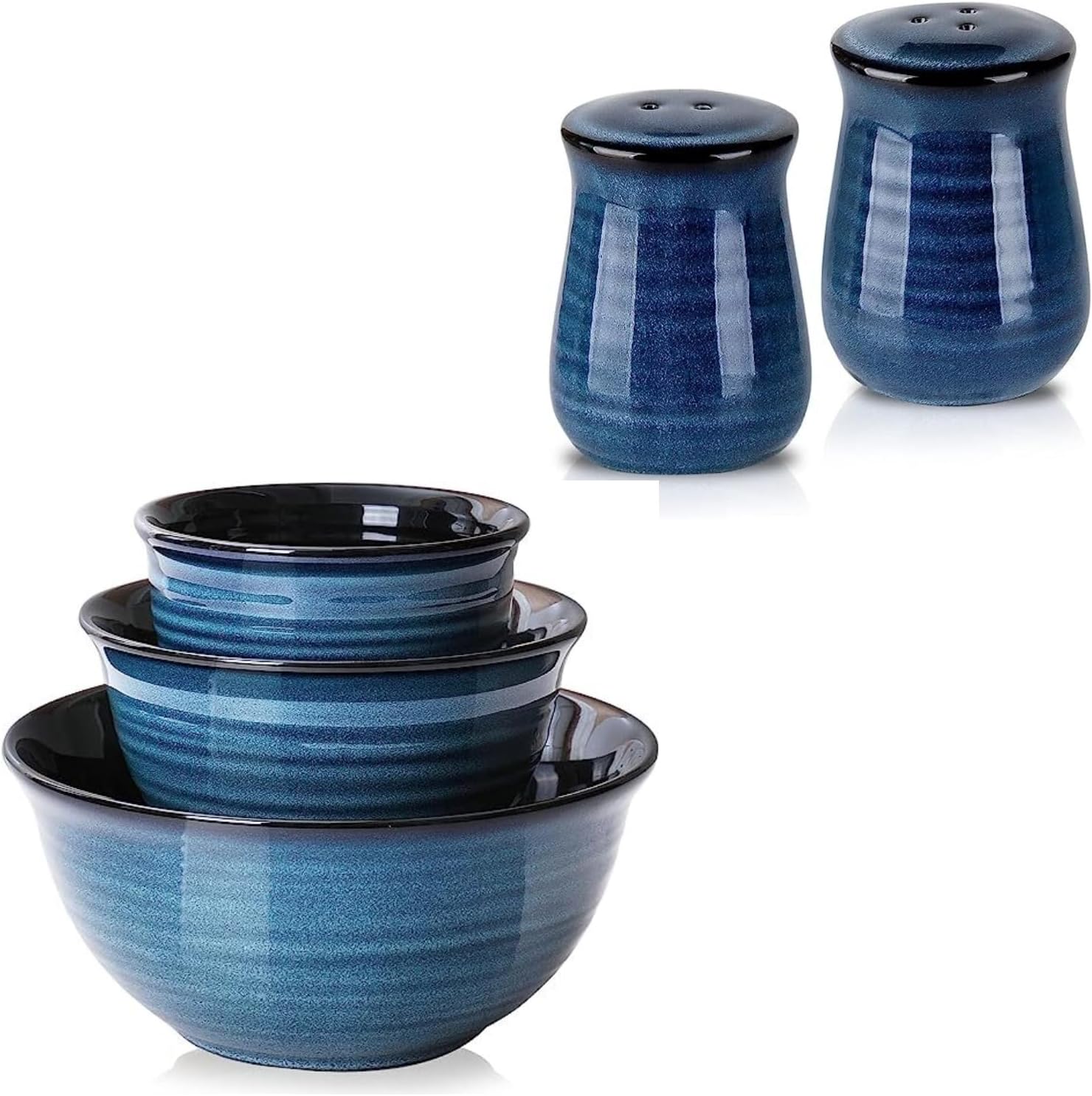 Hasense Large Ceramic Mixing Bowls Set, 20+40+84 Oz - 3PCS and Cermaic Salt and Pepper Shakers - 2PCS, Navy Blue