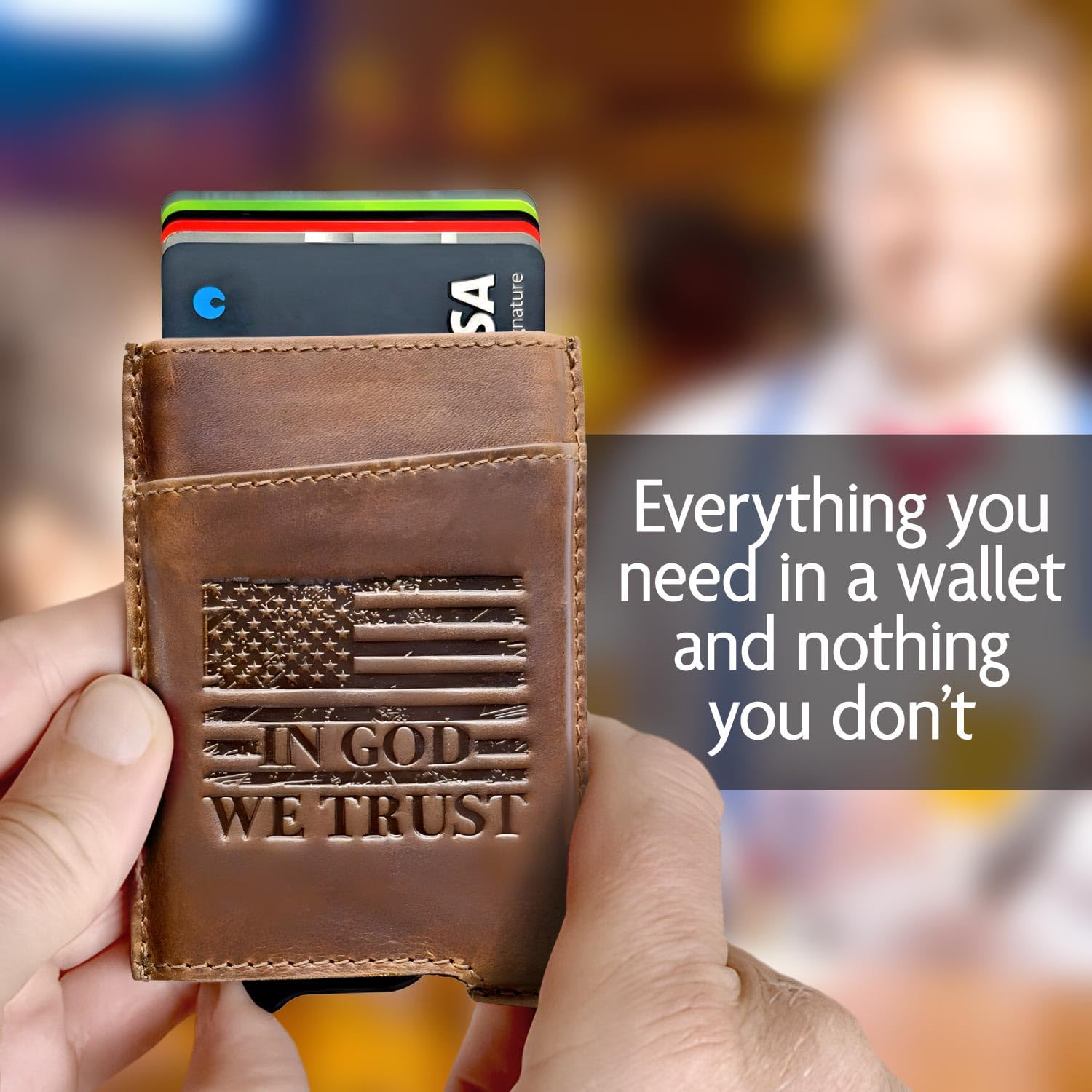 Minimalist Pop Up Wallet for Men – Full Grain Leather RFID Blocking Card Holder – Patriotic Design - IN GOD WE TRUST – Front Pocket Wallet with Magnetic Cash Strap & Card Ejector Mechanism - Image 5