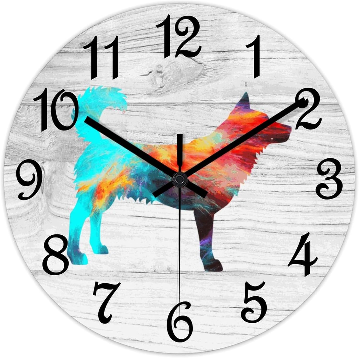Husky Wooden Wall Clock Pet Dog Hanging Wall Clock Battery Operated Non-Ticking Sweep 12 Inch Rustic Chic Farmhouse Wall Clock for Wall Laundry