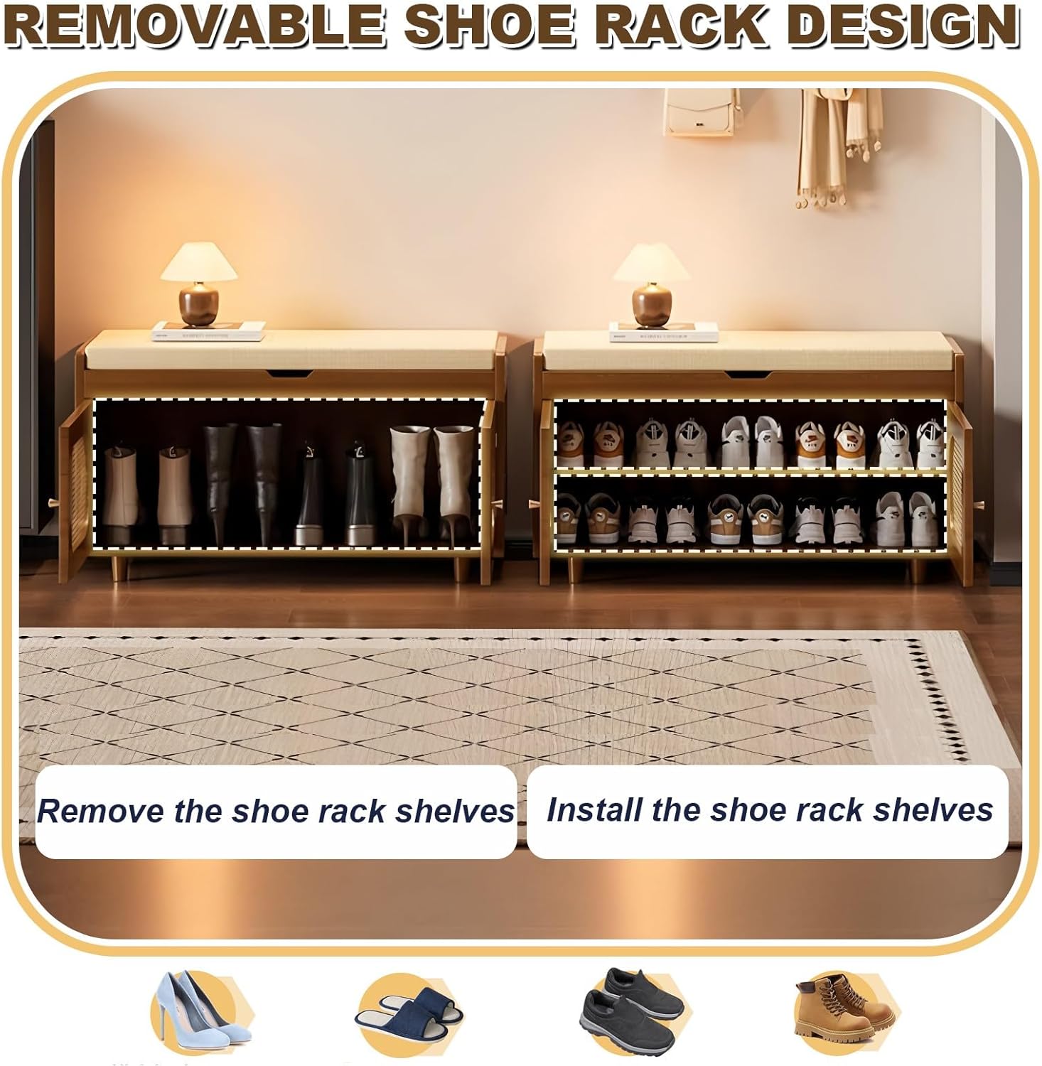 Shoe Storage Cabinet Cabinets Hallway Slim Cupboard Cupboards Hallways Slimline，2-Tier Bamboo Shoe Storage Bench with Cushion Rattan Entryway Cabinet Lift Top Box Adjustable Shelf 200KG Capa