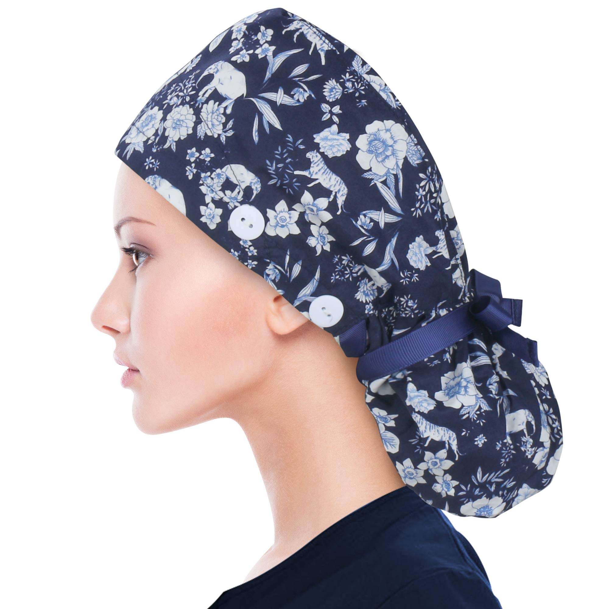 ABAMERICA Scrub Caps for Women Surgical Caps Nurse Hat Functional Ponytail Holder for Long Hair Single or Satin-Lined, D06- Single Navy Pony, 1