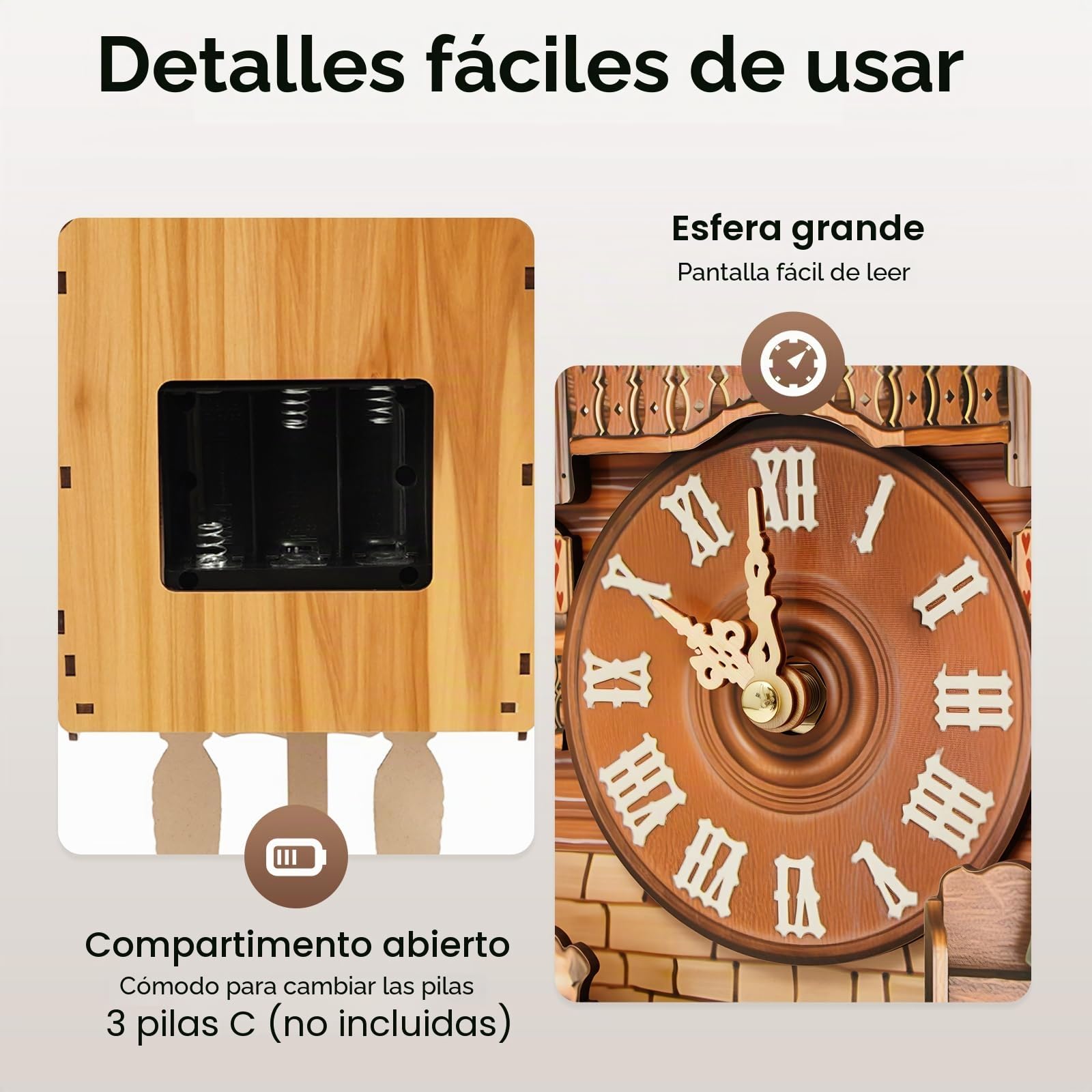 Reloj de cuco, reloj de cuco de pared, relojes de cuco de la Selva Negra tallados, reloj de cuco de madera adecuado para dormitorio, sala de estar, cocinas, comedor, 25 x 10 x 50 cm