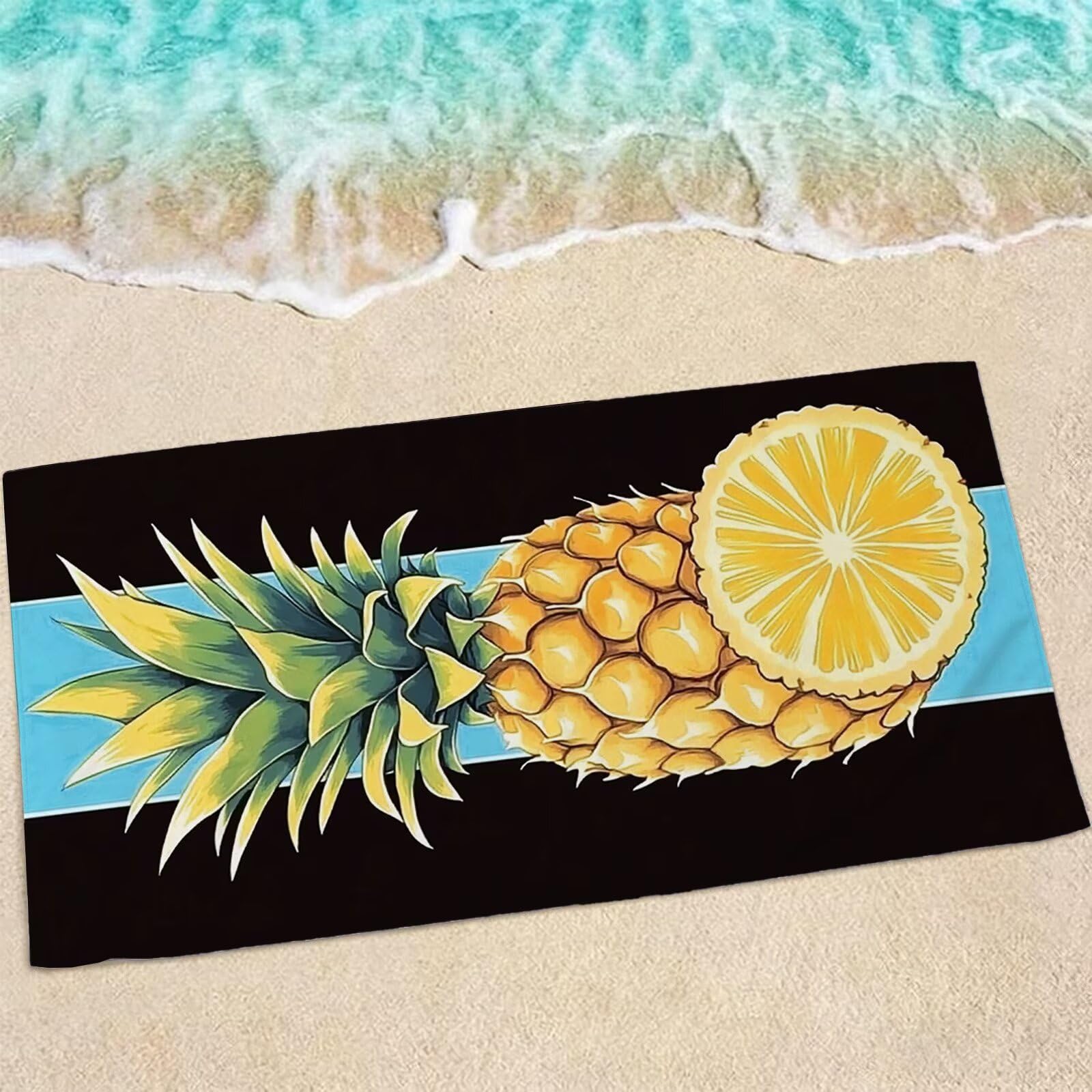 Natte de plage bande XXL serviette microfibre absorbante noire 220x100 cm grand drap piscine