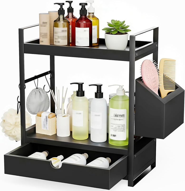 Kottwca 2-Tier Bathroom Counter Organizer with Drawer, Wooden Vanity Shelf | with Basket & Hooks, for Skincare, Perfume & Makeup Storage, Black