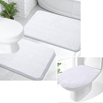 OLANLY Chenille Bath Rug and Toilet Lid Cover, Bath Rug Set Size 30x20+24x20 and Bathroom Toilet Lid Cover Size 17.5x15 in White, 3 Item Bundle