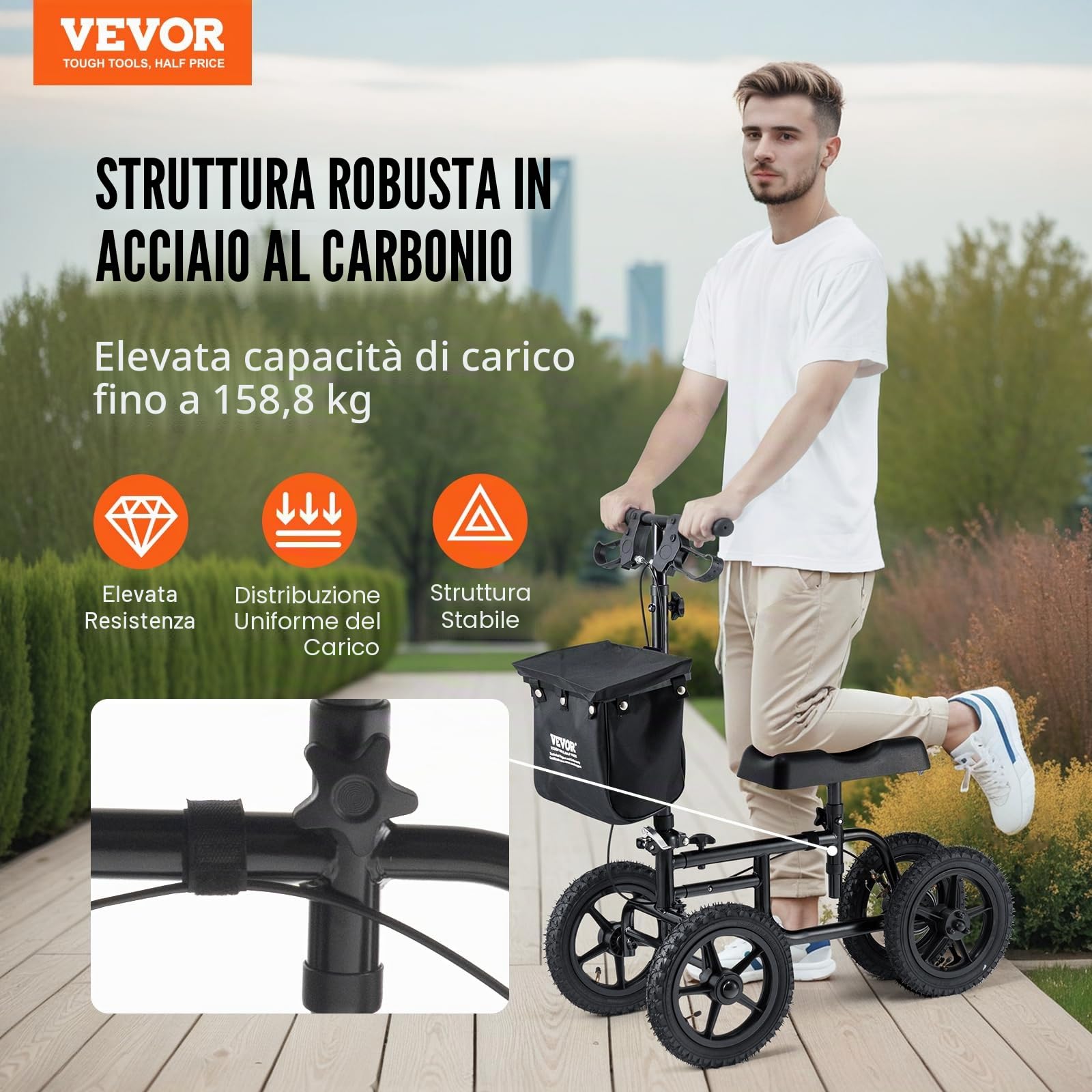 VEVOR Monopattino Pieghevole per Ginocchio Carico160 kg Ginocchia Girevole Acciaio al Carbonio con Manubrio, Regolabili Altezza, Ruota da 30,48 cm per Tutti i Terreni, Ginocchio Caviglia Infortunata