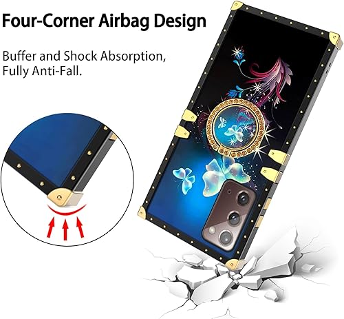 Miniatura 7 de Funda cuadrada compatible con Galaxy Note 20, elegante funda de mariposa azul para Samsung Note 20 para niñas y mujeres, con soporte de anillo,