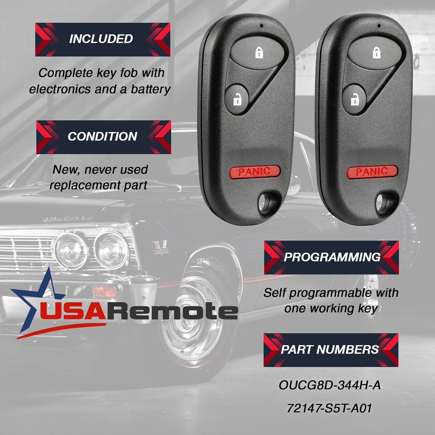 Key Fob fits 2002-2004 Honda CR-V / 2002-2005 Civic Si / 2005-2011 Element Keyless Entry Remote (OUCG8D-344H-A), Set of 2
