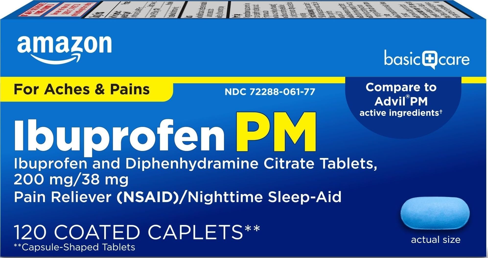 Amazon Basic Care Ibuprofen PM, Ibuprofen 200 mg and Diphenhydramine Citrate 38 mg, Pain Reliever and Nighttime Sleep-Aid, Capsule-Shaped Tablets, 120 Count