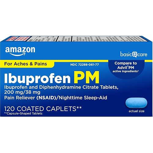 Amazon Basic Care Ibuprofen PM, Ibuprofen 200 mg and Diphenhydramine Citrate 38 mg, Pain Reliever and Nighttime Sleep-Aid, Capsule-Shaped Tablets, 120 Count