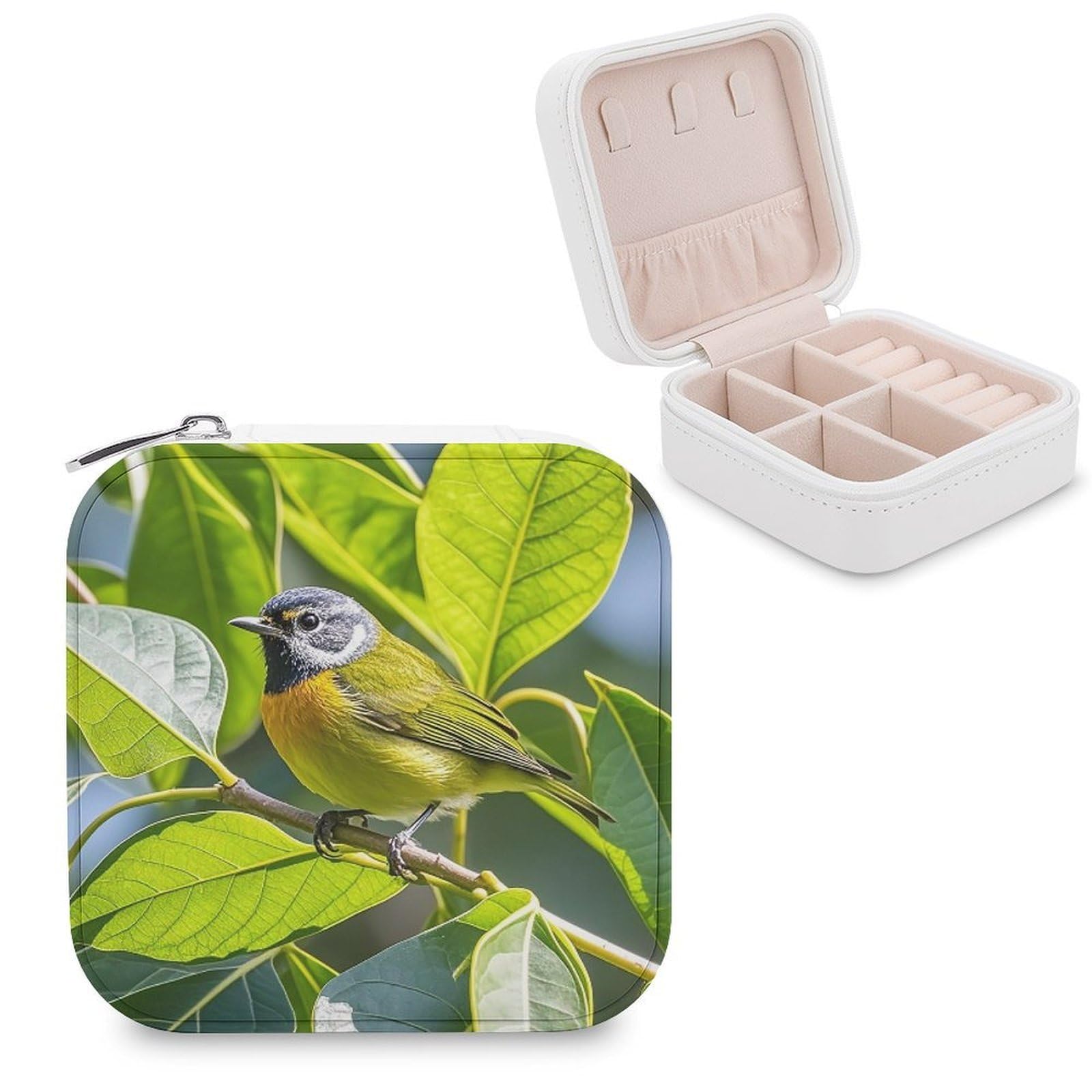 LZQPOEAS Green Leaves And Birds Jewelry Box Mini Jewelry Travel Case Trendy Stuff Ring Box Custom PU Leather Jewelry Boxes Portable Jewelry Case Earring Storage Organizer for Girls Women