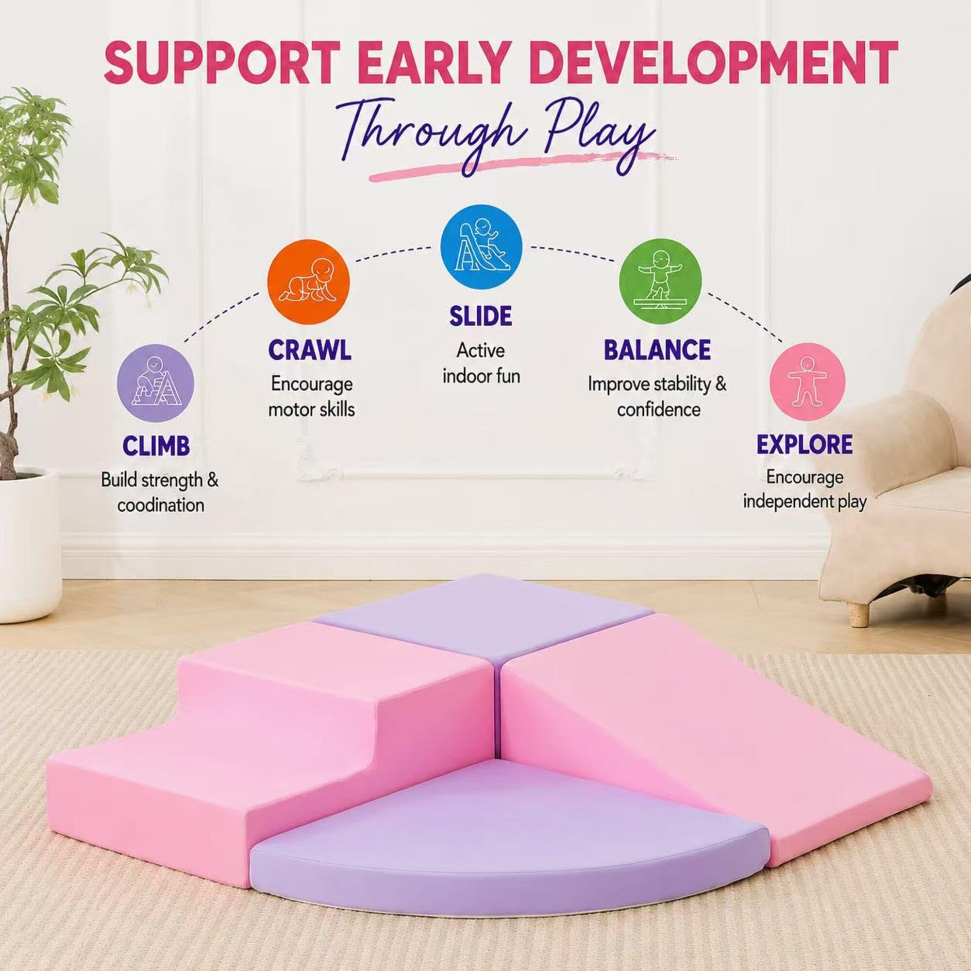 Montessori Soft Play 7-częściowy zestaw miękkich klocków dla dzieci, piankowe klocki do wspinaczki dla małych dzieci, miękkie klocki do raczkowania i zjeżdżania, zestaw do zabawy Montessori