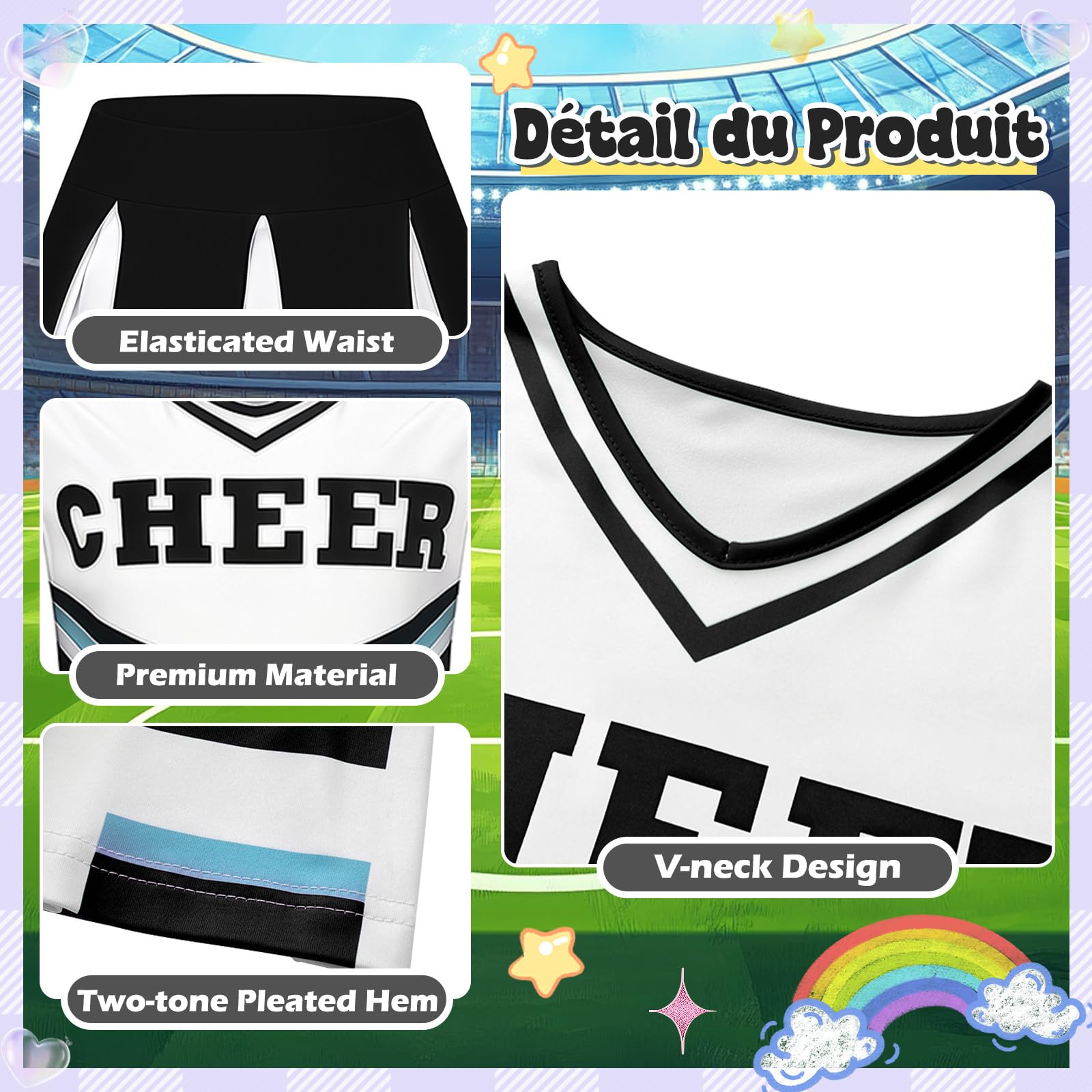 Luckyou Deguisement Pompom Costume De Cheerleader Déguisement Uniforme de Pom-pom avec Pompoms Chaussettes pour Halloween Mascarade Carnaval - 4