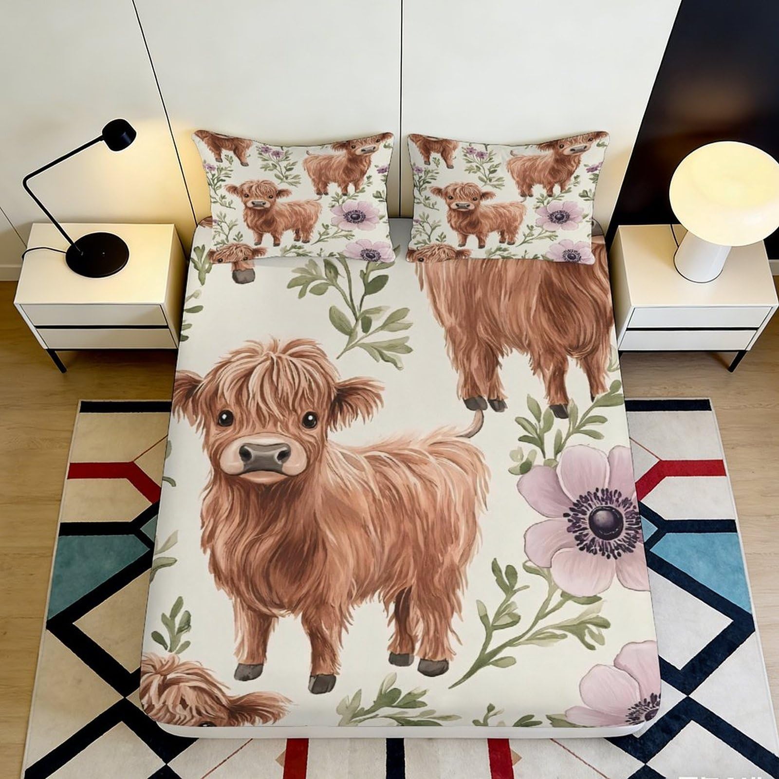 3D Printed Highland Cow Fitted Sheet Microfiber Soft Breathable Floral Bed Sheet for Bedroom Guestroom Decor Mattress Protection 90x200x25cm