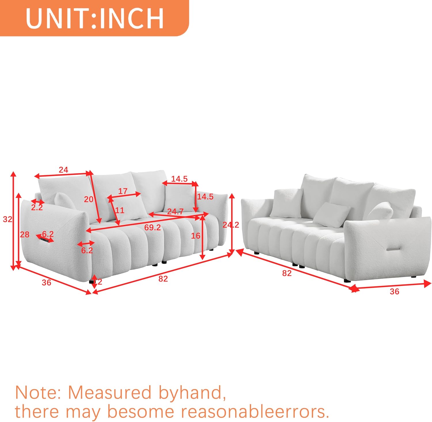 2 Pieses Modern Sofa Sets Luxury Teddy Upholstered Golden Element Accents Armrests Tufted Sofa&Couch Include 3 Seater Couches and 12 Pillows for Living Room, Bedroom, Apartment and Office Furniture