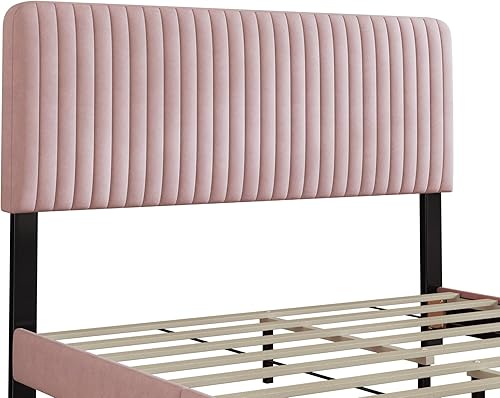 Miniatura 42 de Elegante cama con plataforma tapizada de terciopelo de tamaño Queen con cabecero, para niños, niñas y adolescentes (beige @cabecero/, Queen)