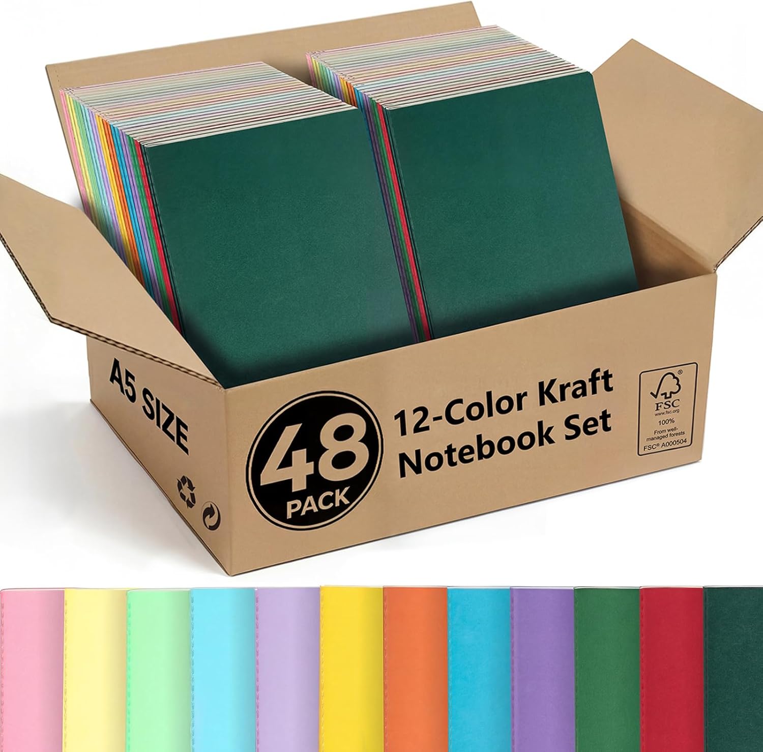 48 Pack A5 Colorful Notebooks – Blank Journal Bulk, 4 Sets of 12 Colors, 230g Thick Kraft Cover, 60 Pages, 8.3x5.5 Softcover – Stitch Bound, Lays Flat, Bulk Corporate & Event Supply
