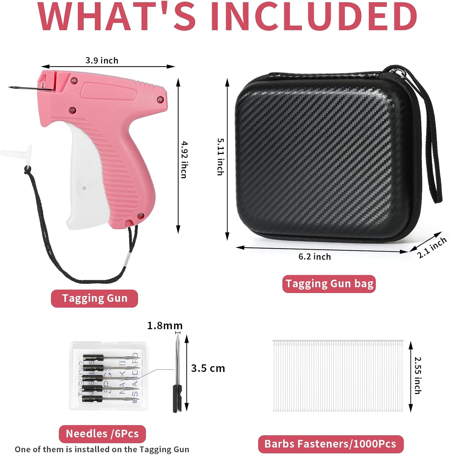 Tagging Gun for Clothing, Tag Attacher Gun Kit with 6 Needles, 1008pcs 2" Barbs Fasteners & 1 Hard Carrying Storage Case for Clothes Labeler ? Pink)