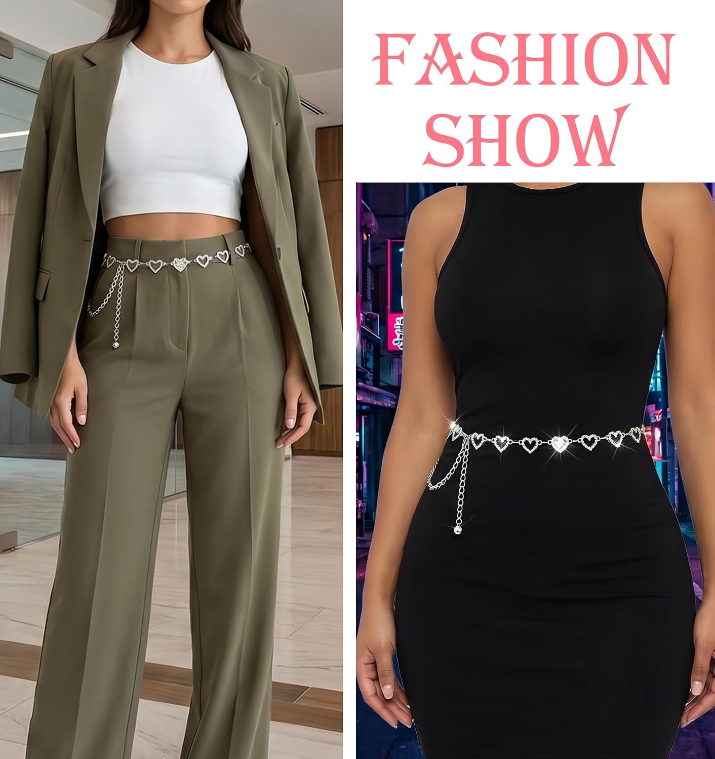 Rhinestone Chain Belt, Silver Heart Chain Belt for Women, Jewelry Belts | Adjustable Rhinestone Waist Chain, Chain Belts for Women Dresses Jeans Skirts, Elegant Hip Chain Accessory